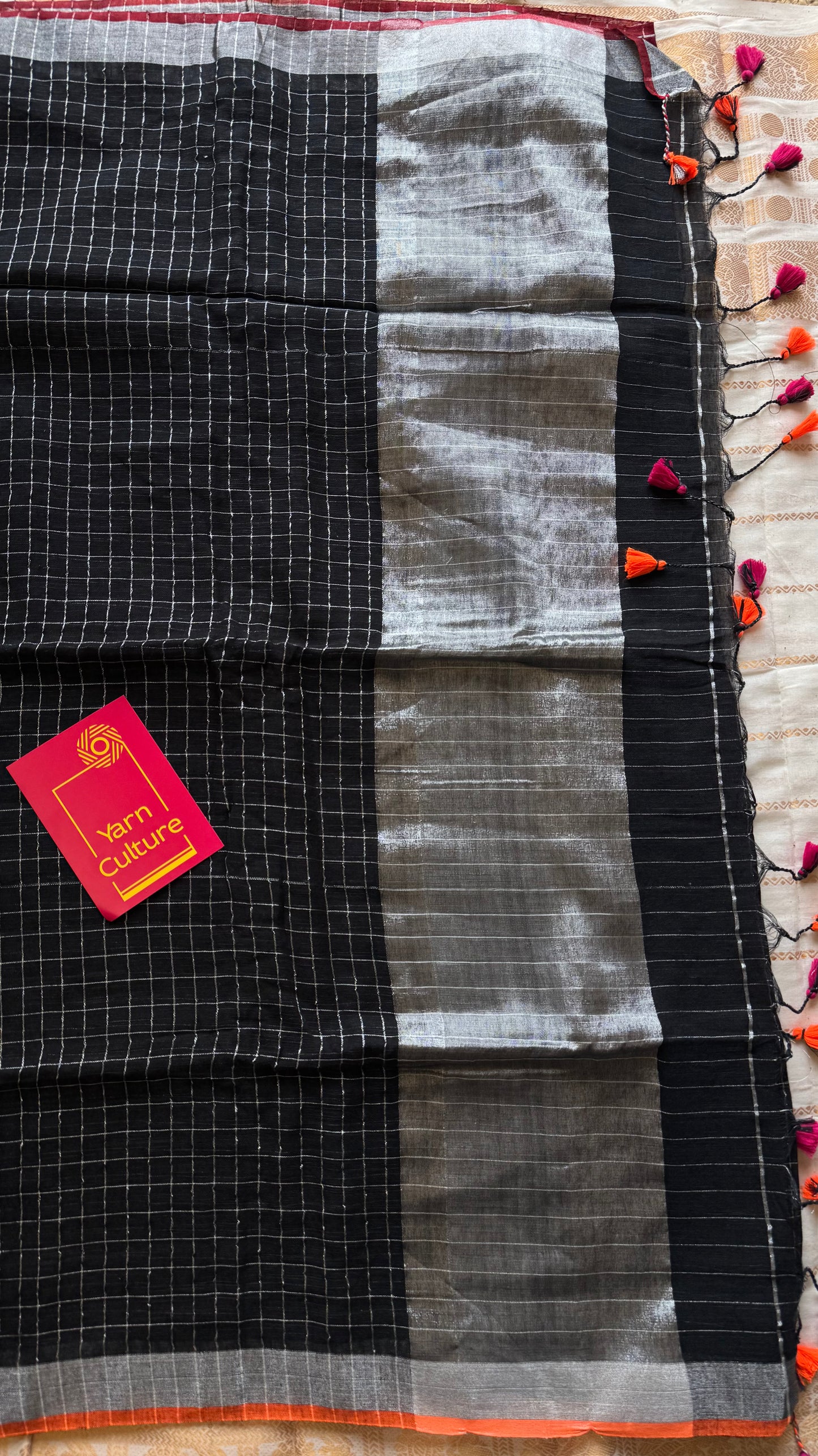 Black linen by cotton saree, silver checks & zari pallu - YCBCLCAP55