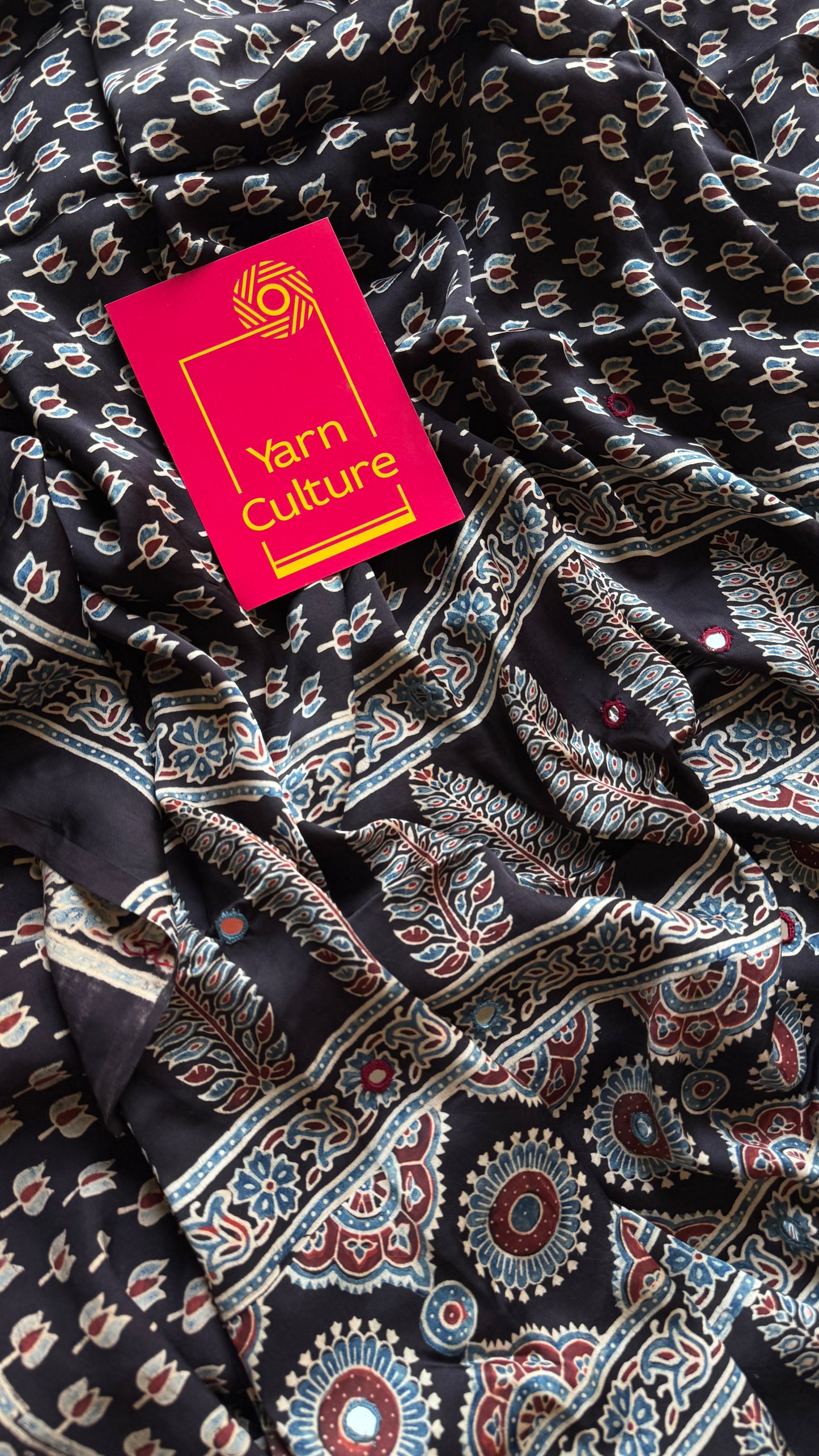 Black pure modal silk saree with ajrakh handblock print and mirror work - YCTOKAJM337