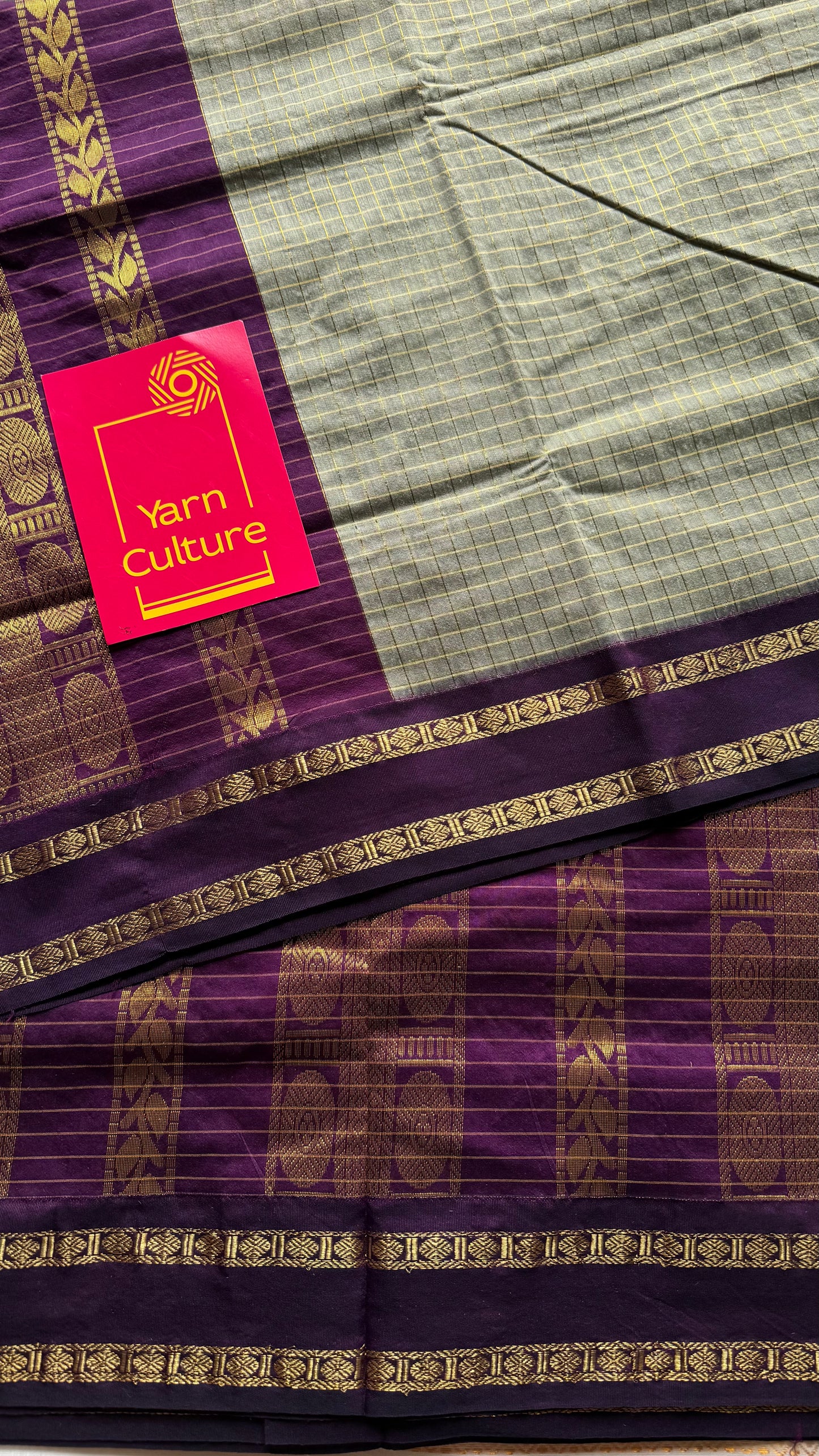 Grey with wine contrast arani checkered saree, cotton silk - YCCOTNAUG11