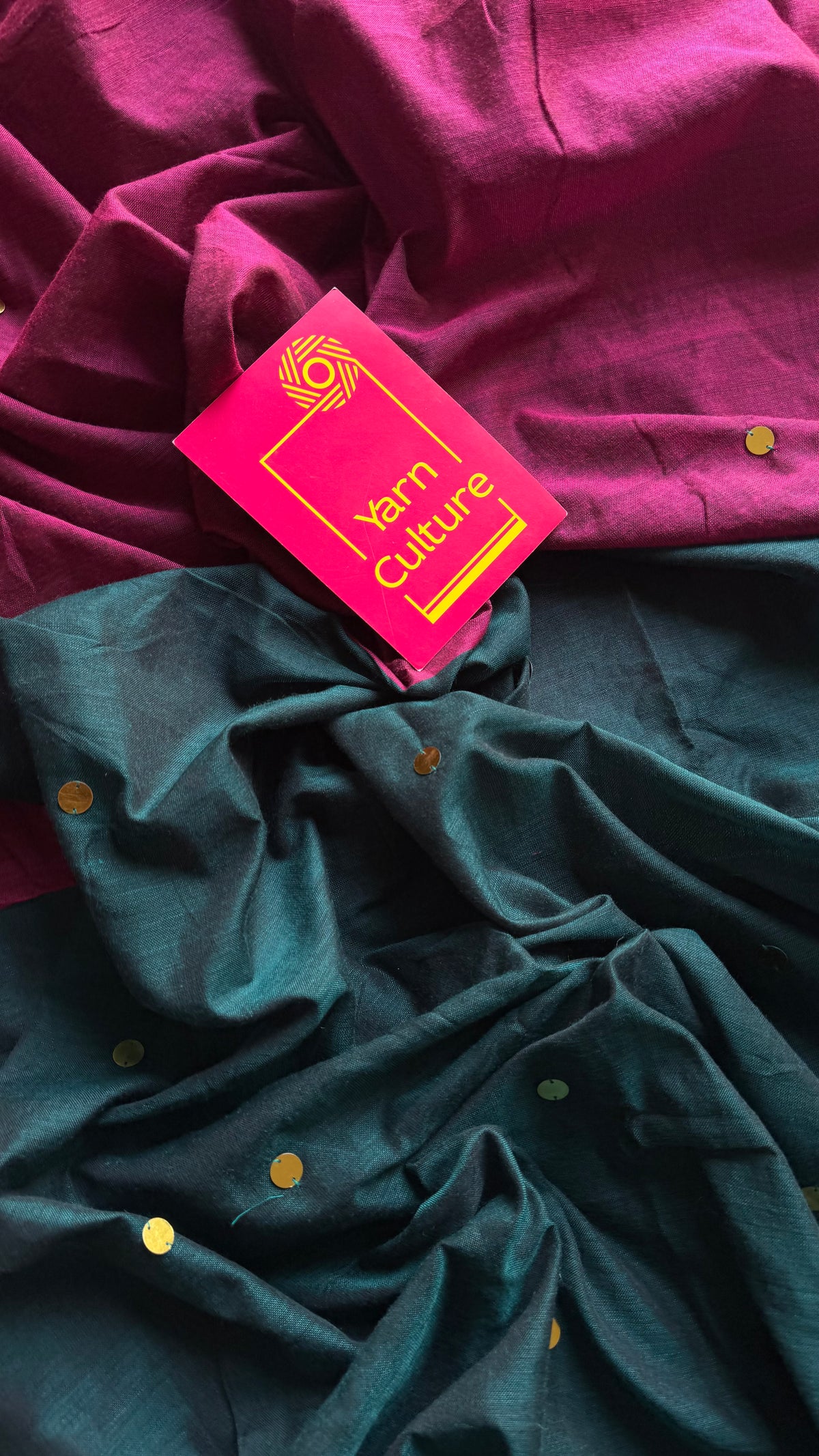 Ruby with peacock green contrast pallu, gini sequins, soft cotton saree - YCBCSCOC10