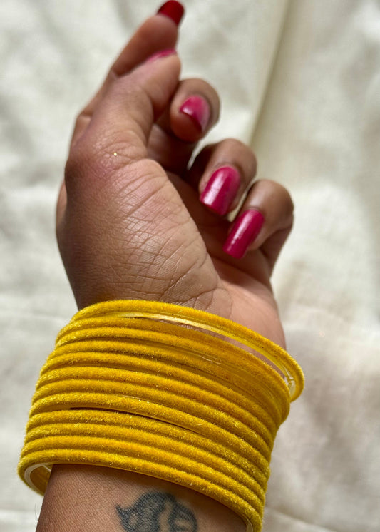 Yellow velvet glass bangles, set of 12 - YCBANGL373