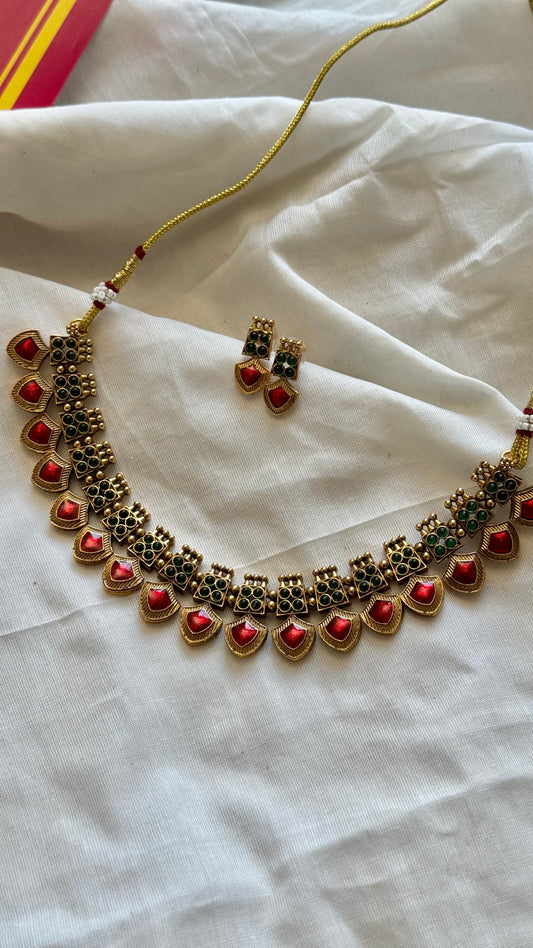 Red palakka neckpiece with earrings - YCGPNP634