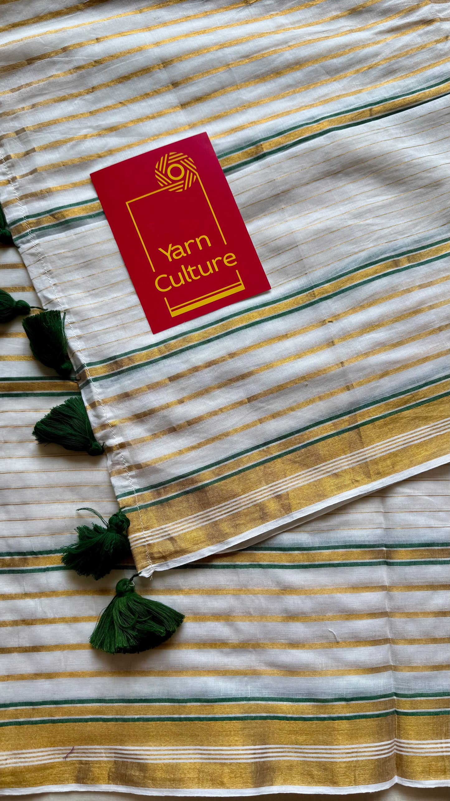 Ivory mul saree, green and gold stripes - YCIEON05
