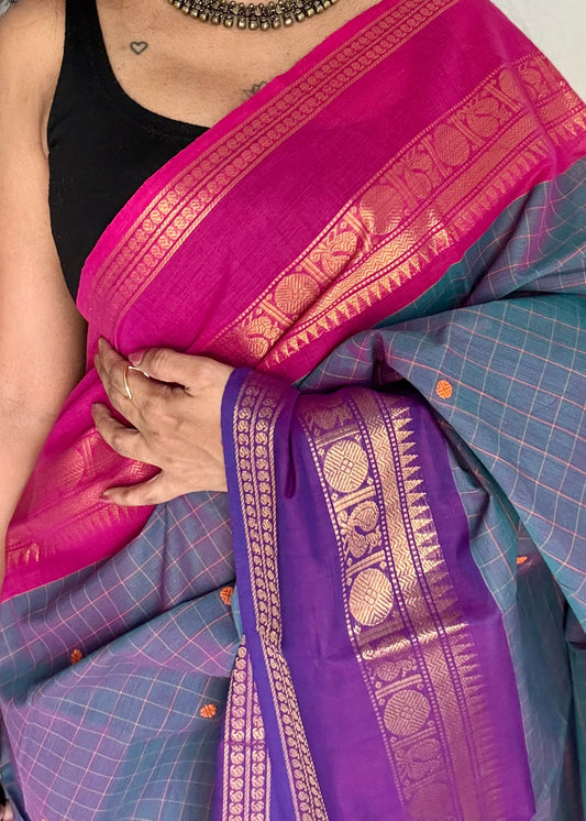 Kanchi cotton saree, greyish blue checks with purple and rani pink dual toned border - YCCOTNAP75