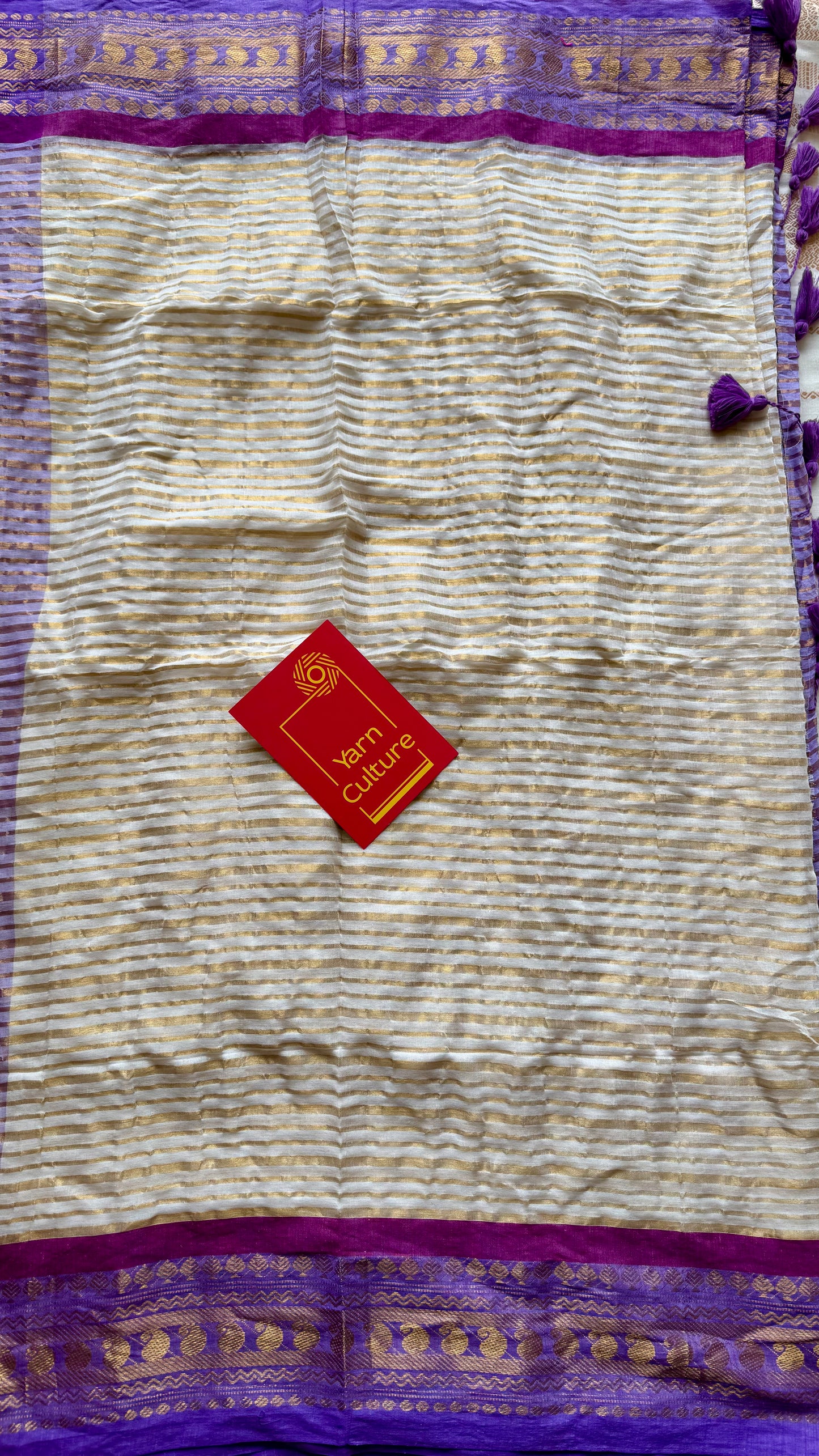 Ivory mul saree, purple and gold - YCIEON33