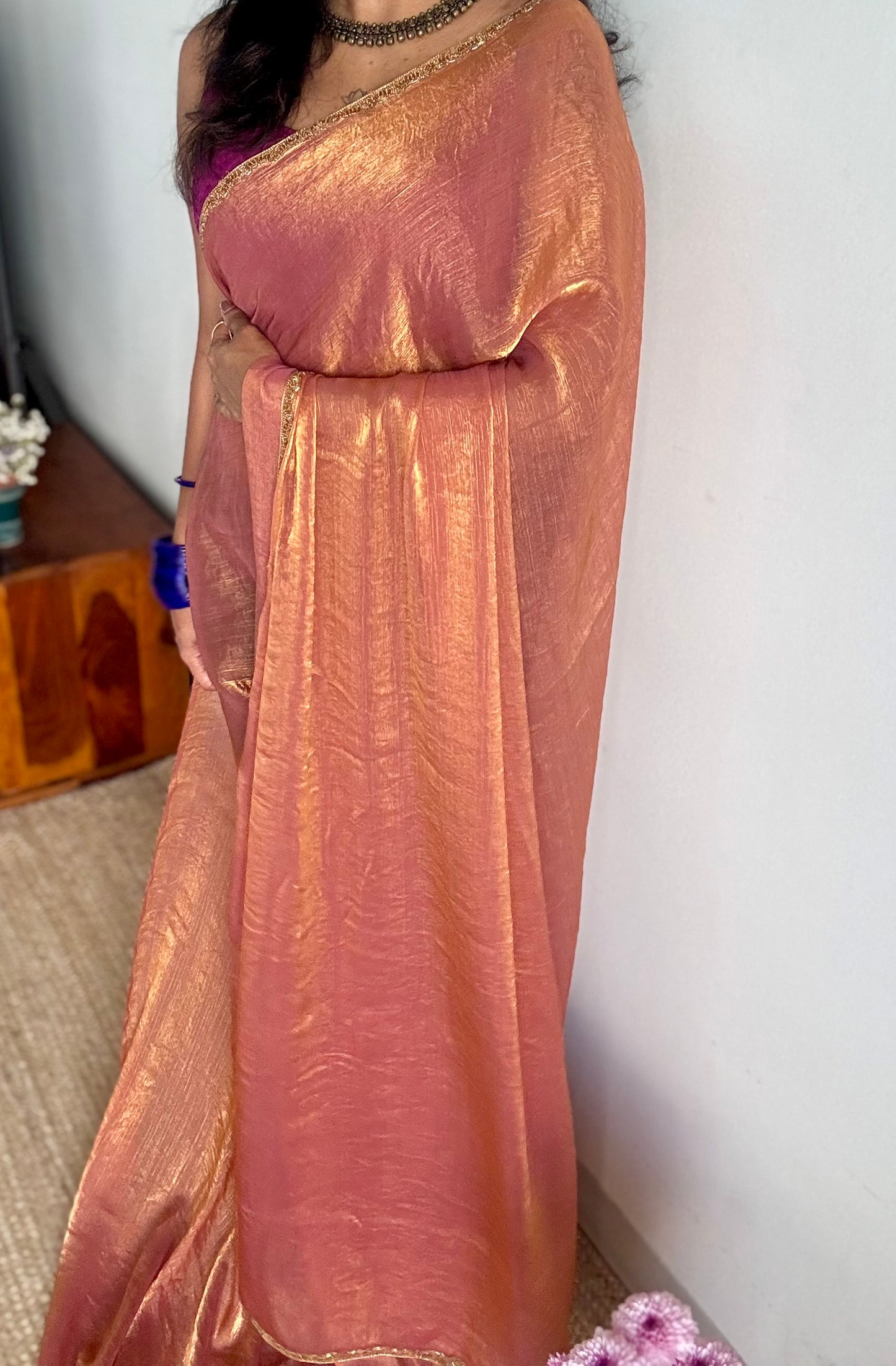 Sunset Burst - pink orange hues, metallic dual tone space silk, embellished border - YCDOSDE58