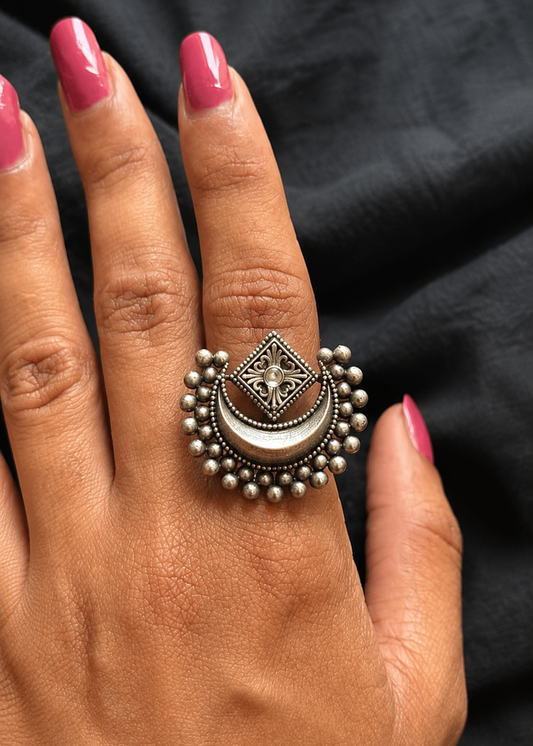 Adjustable ring, half moon ring, white stone - YCOSFR604