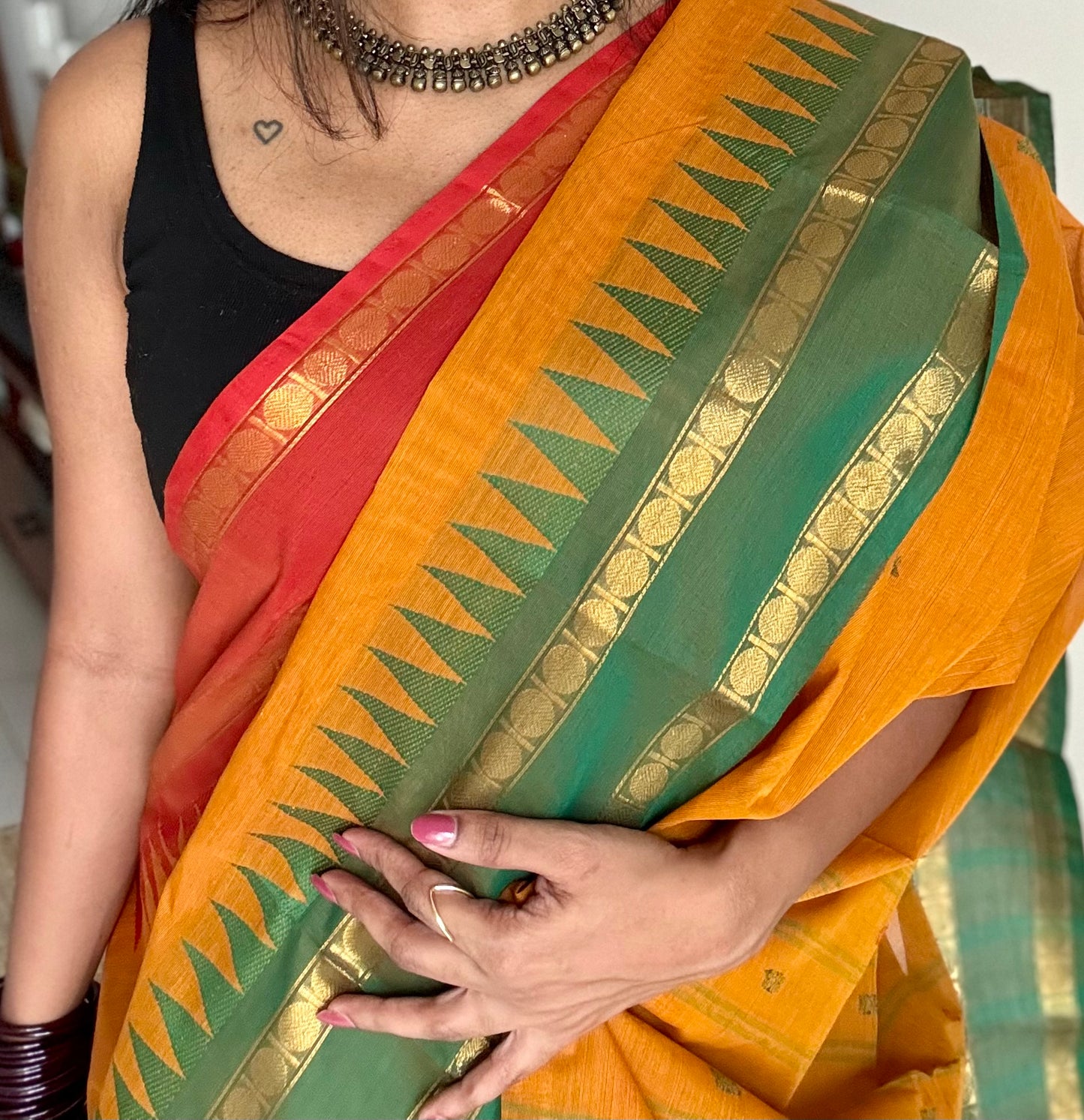 Kanchi cotton saree, orange with red and green dual border - YCCOTNAP100