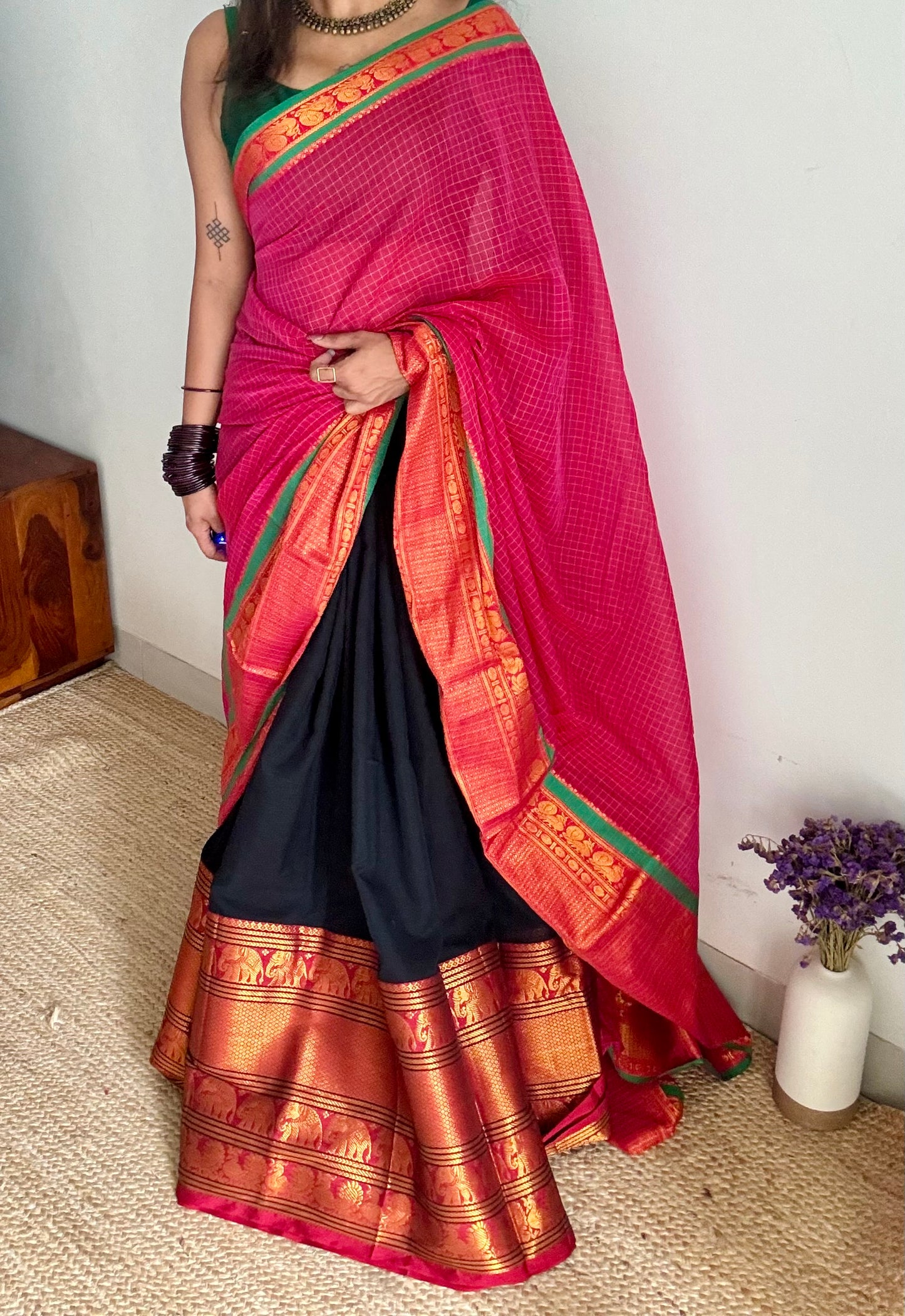 Black - Hot pink unstitched half saree material (dhavani), narayanpet cotton - YCIEHS216