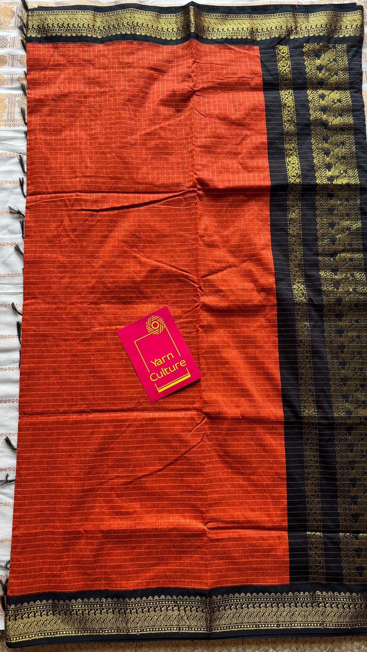 Orange with black, zari checkered saree, cotton silk - YCCOTNKCOC101