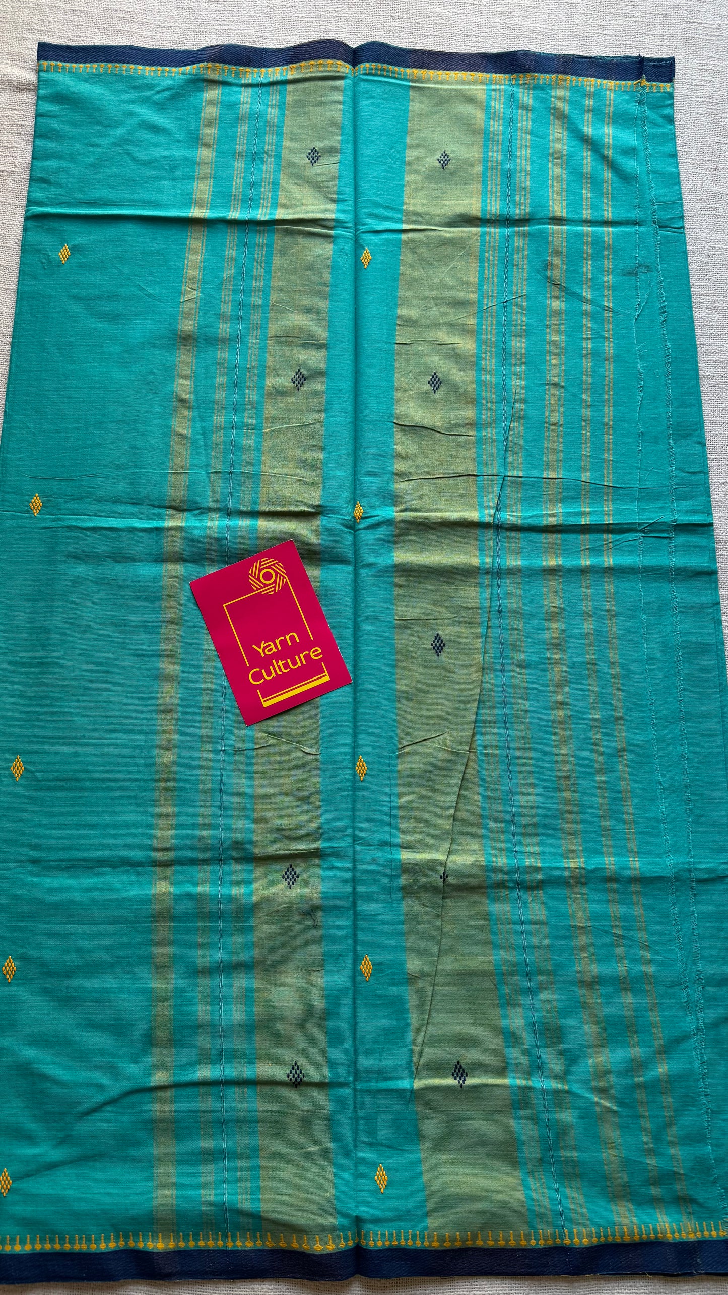 Dhonekhali handloom soft cotton saree, aqua blue with dark blue border and yellow woven buttas - YCBCDFE250