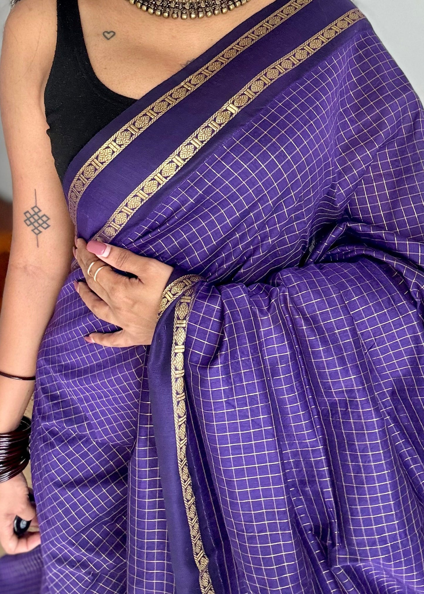 Purple, arani zari checks saree, cotton silk - YCCOTNAUG13