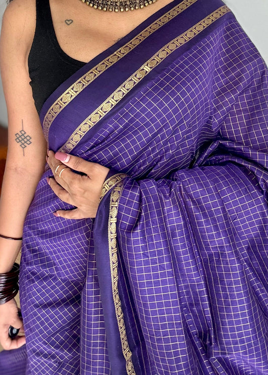 Purple, arani zari checks saree, cotton silk - YCCOTNAUG13