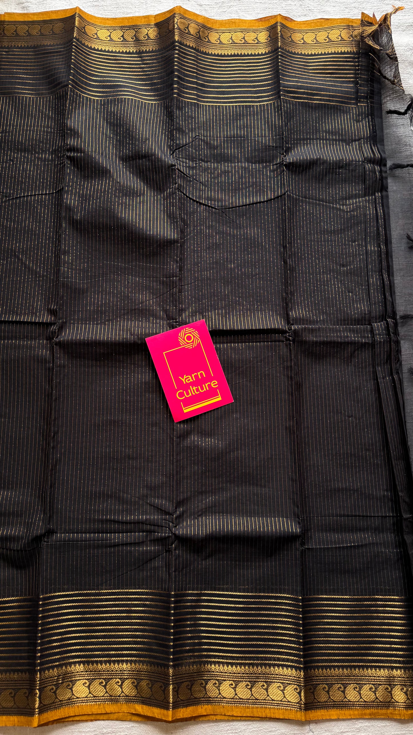 Kanchi cotton saree, black with gold stripes, paisley border - YCCOTNAP92