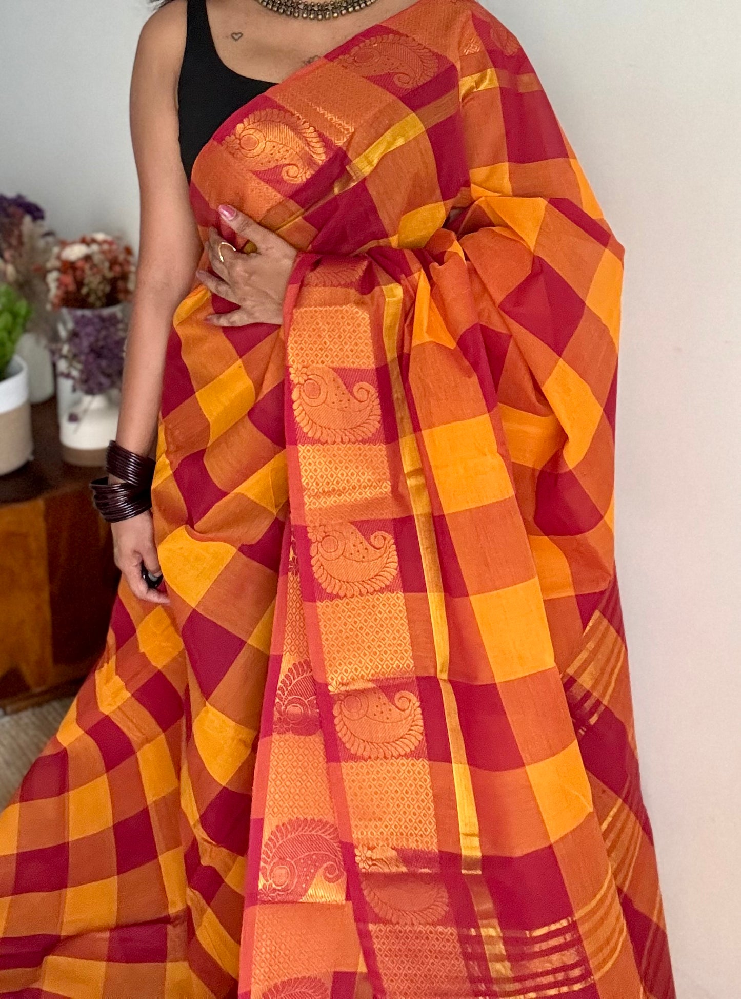 Chettinad cotton saree with yellow and red checks, paisley motif border - YCCOTNAP64