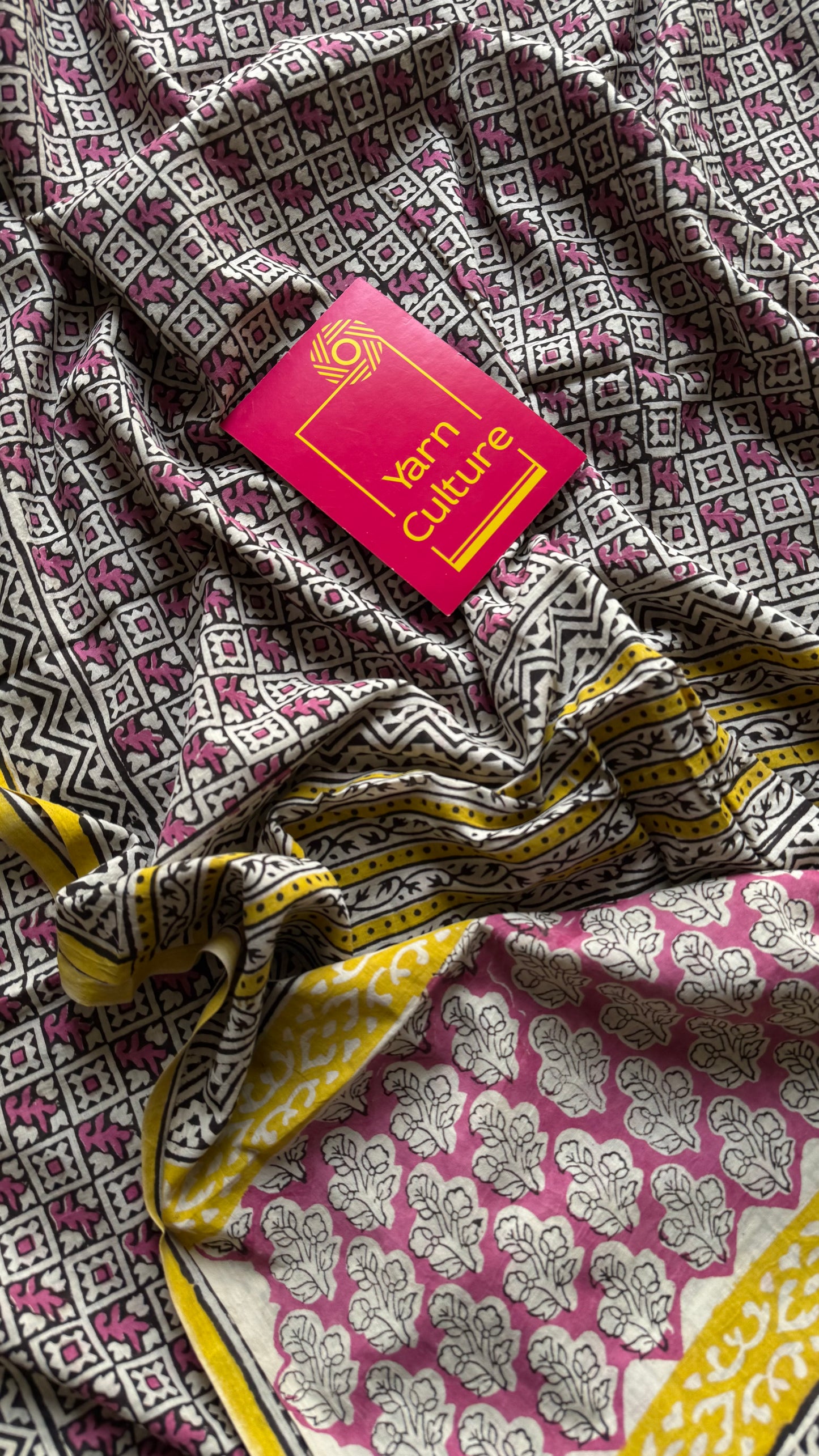 Beige with black and dusty pink checks, yellow border, block printed soft cotton saree - YCTORCMA13