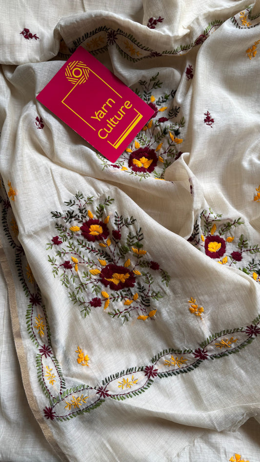 Ivory maheshwari cotton silk blend with maroon and dark yellow floral kantha threadwork - YCBLJULMK05