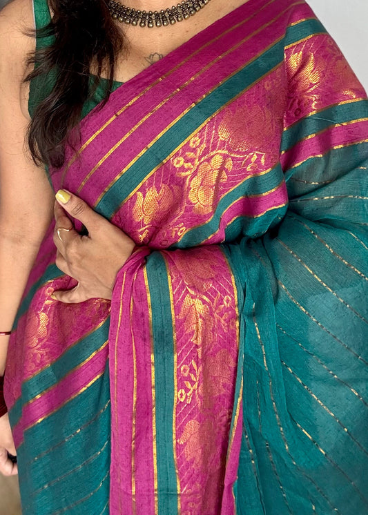 Peacock green mul with berry pink brocade border - YCBCMCNO70