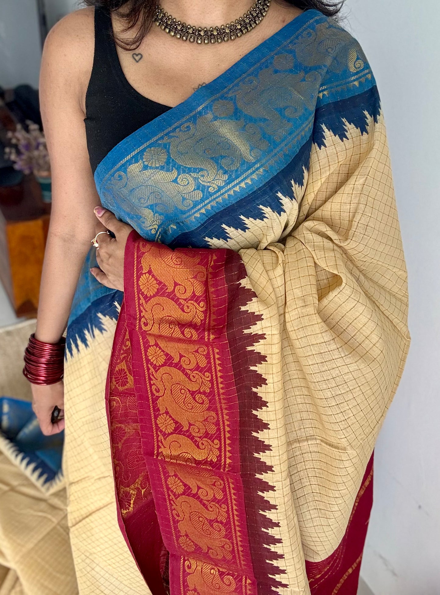 Blue - maroon sungudi cotton checks, sandal colour base, soft cotton - YCCOTNJSUN02
