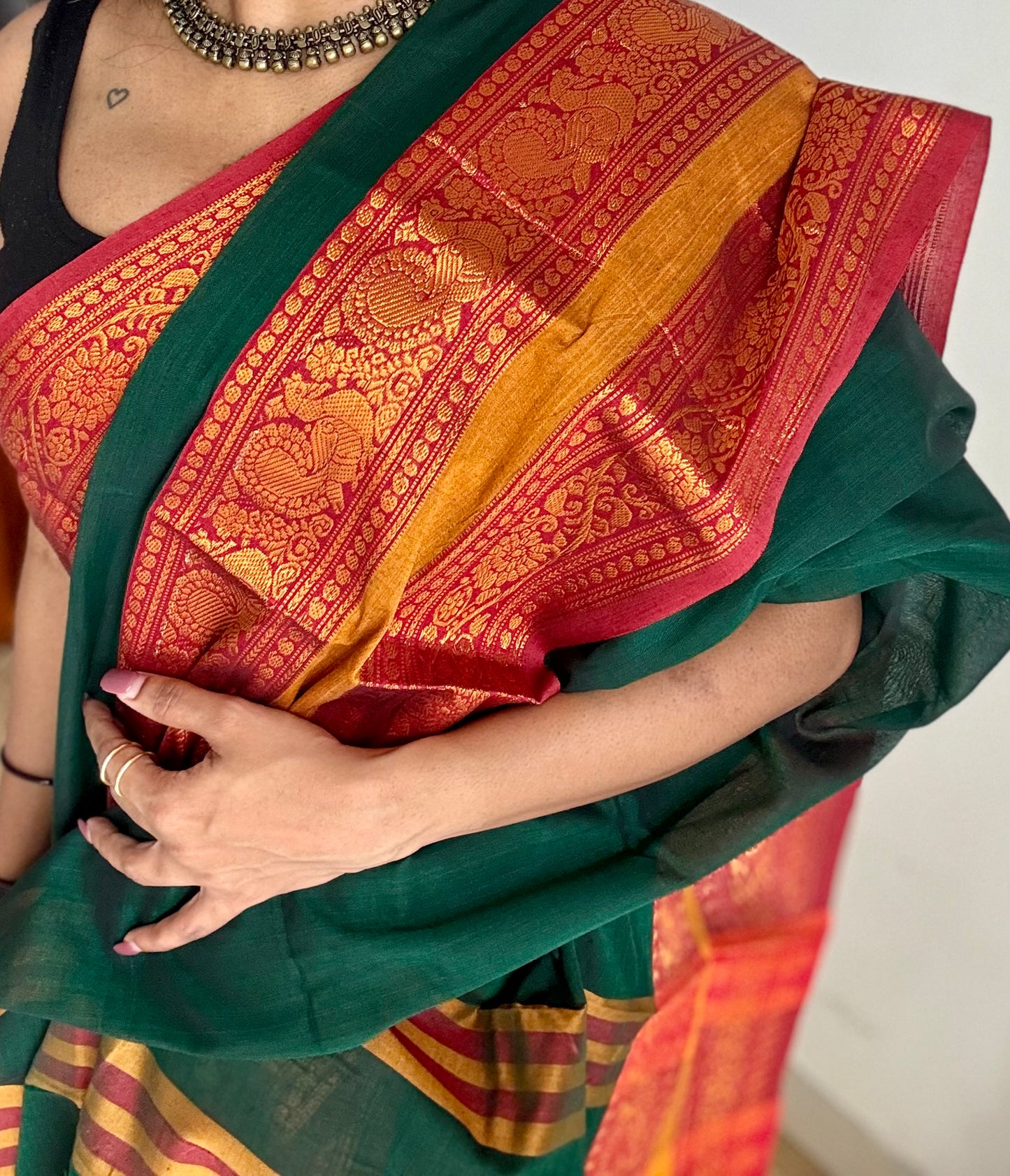 Green with red wide border, narayanpet soft cotton saree - YCWOTDAUG01