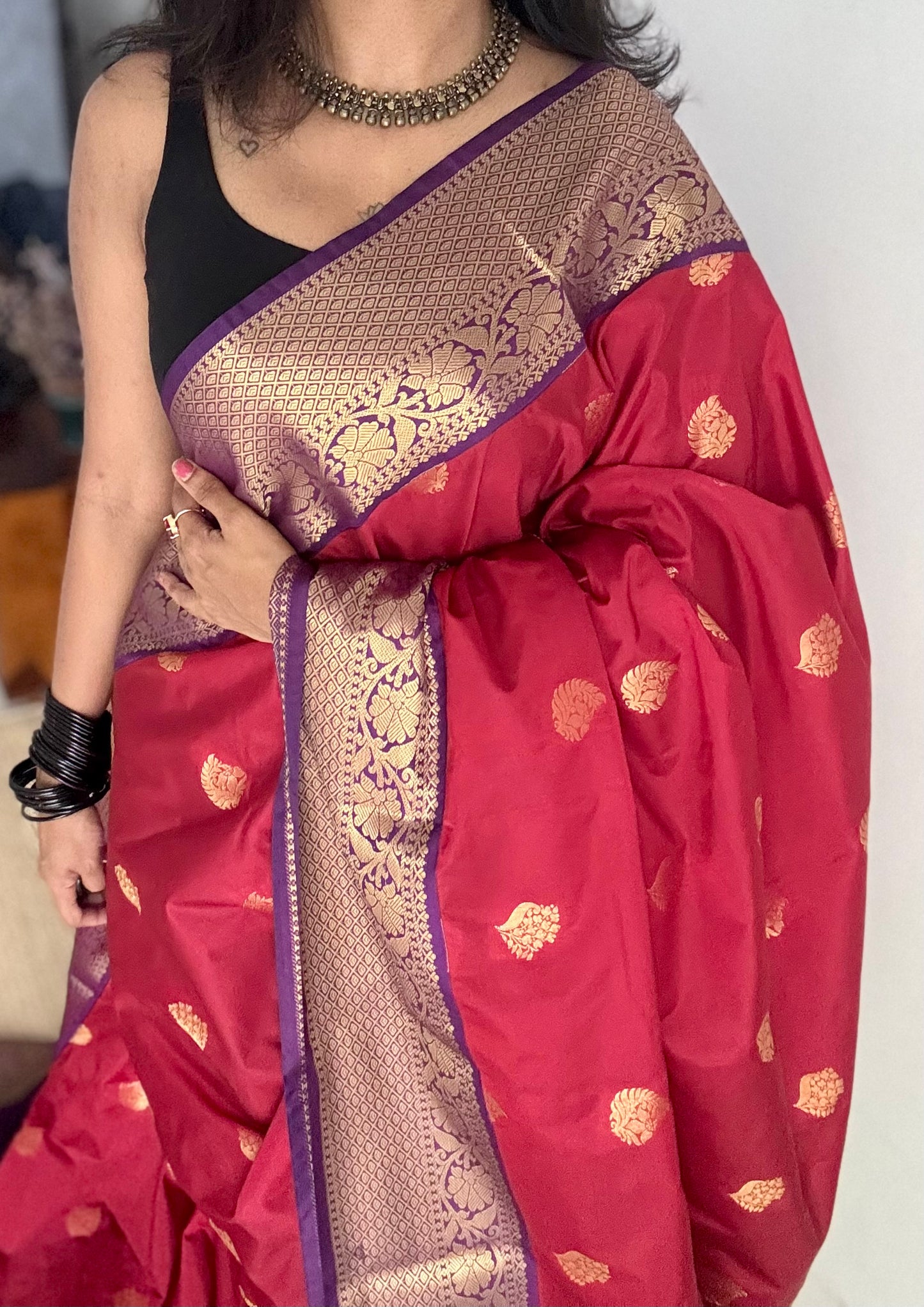 Ragini - crimson red with purple, handloom korvai semi silk - YCCOTNFEJUKS04