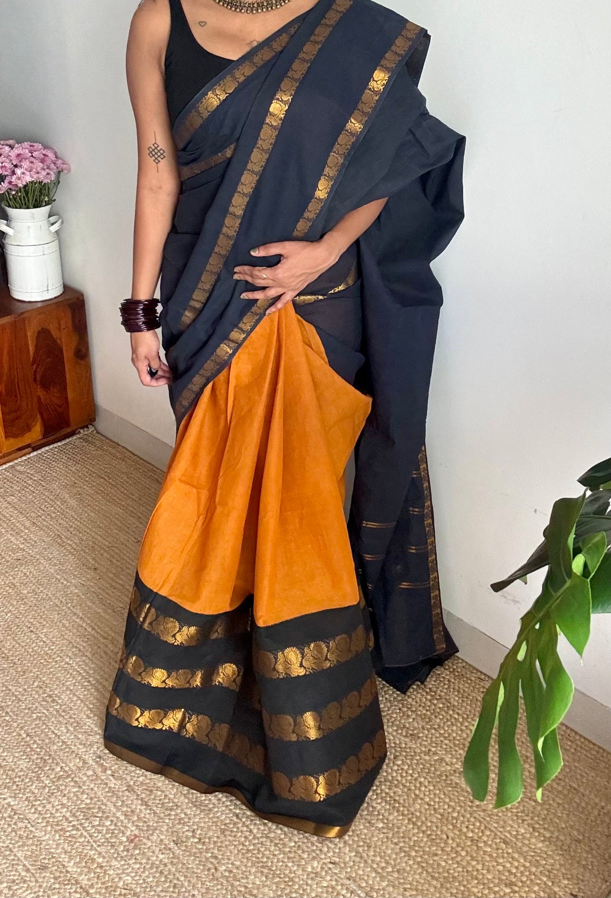 Black with turmeric yellow, cotton half and half saree - YCCOTNIDOC139