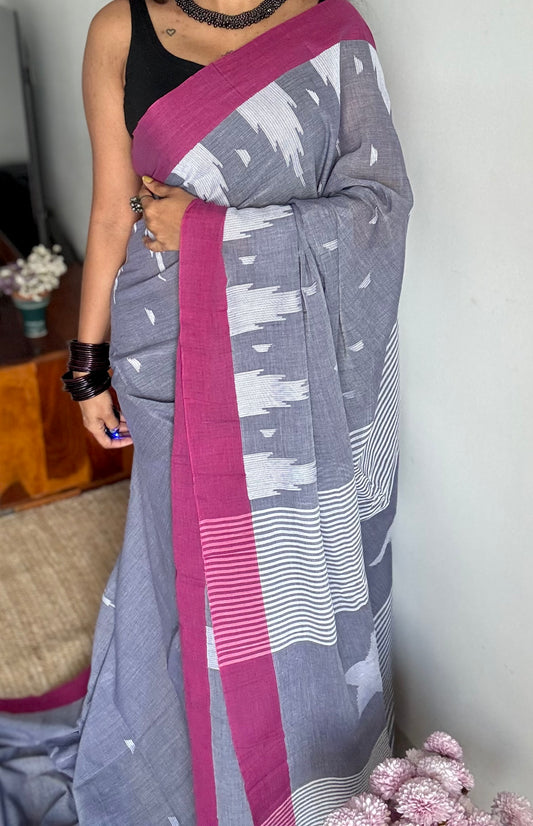 Cool grey with purple pink borders, temple motif woven threadwork, soft cotton - YCBCMKCDE30