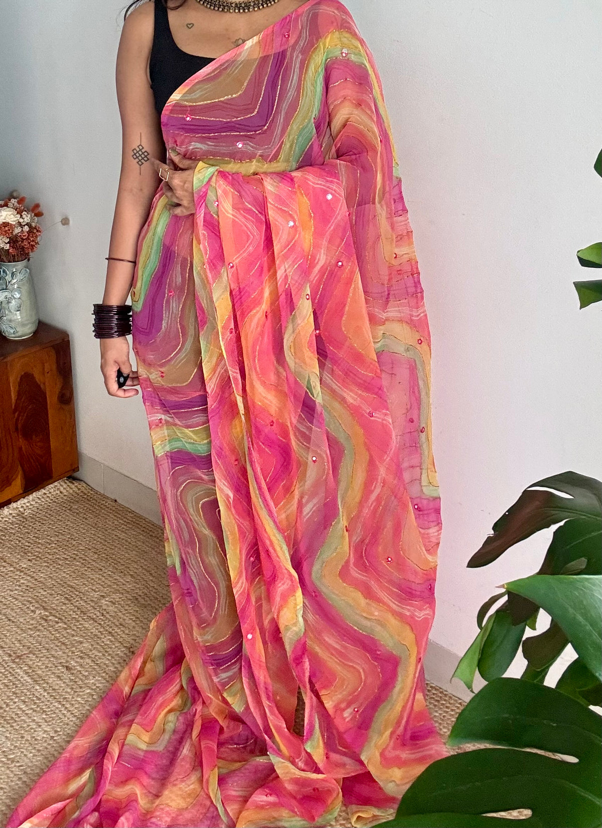 Pink multicoloured leheriya chiffon saree with mirror work  - YCTORLOC98