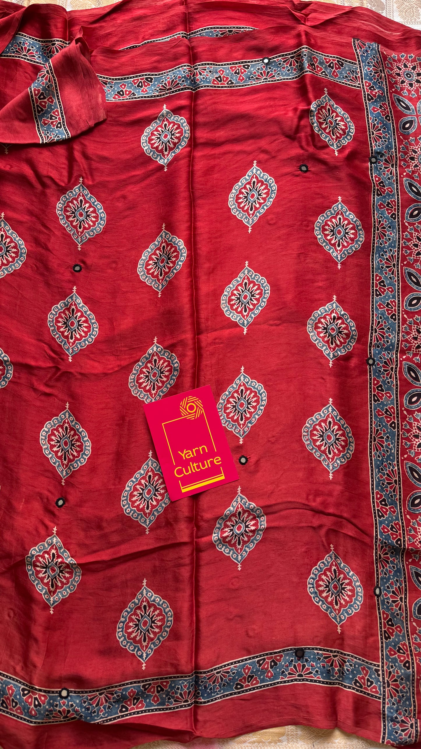Red pure modal silk saree with ajrakh handblock print and mirror work - YCTOKAJM338