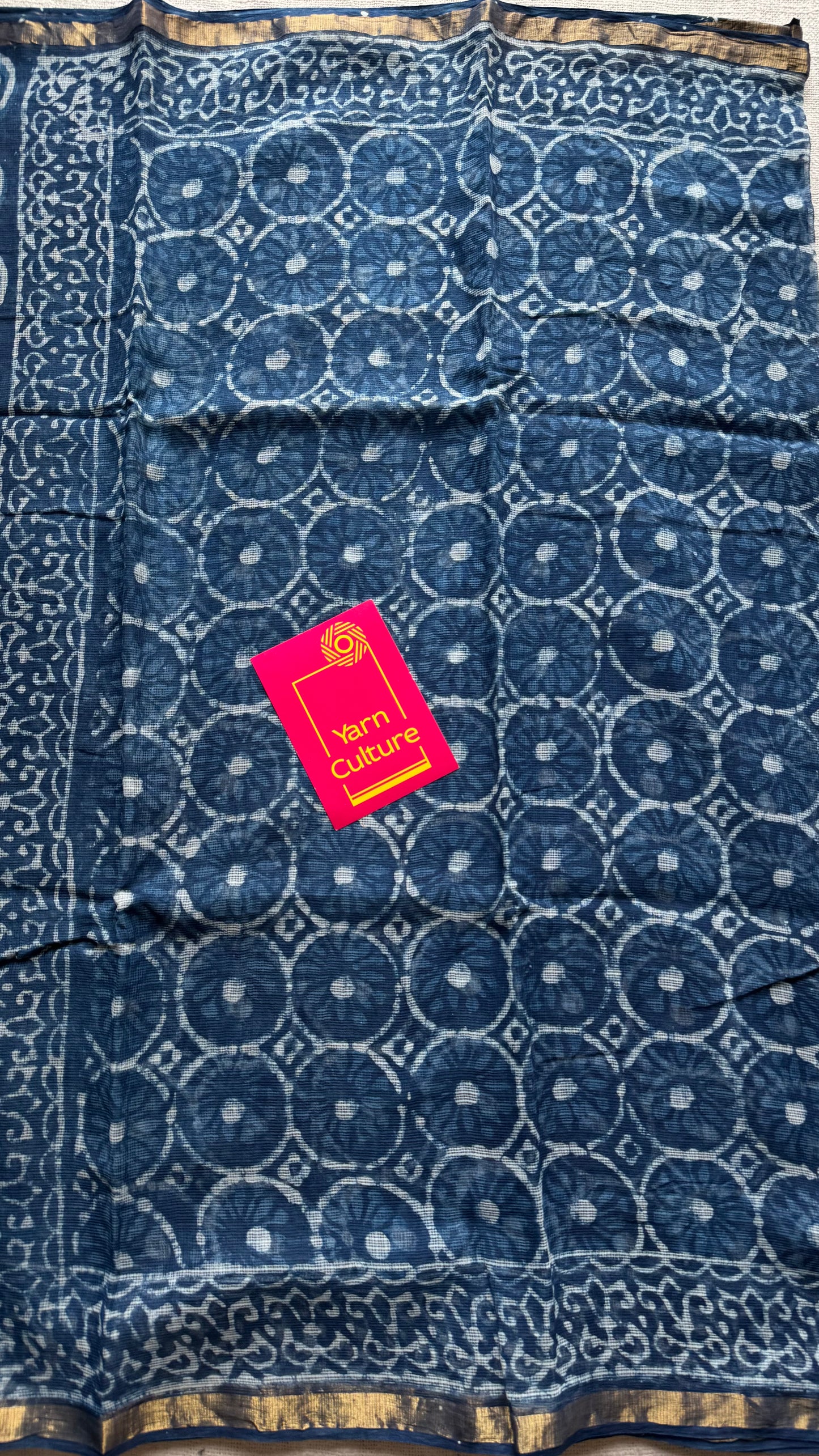 Neel Full Volume - indigo floral kota doria saree, with gold zari border - YCTORKDAP06