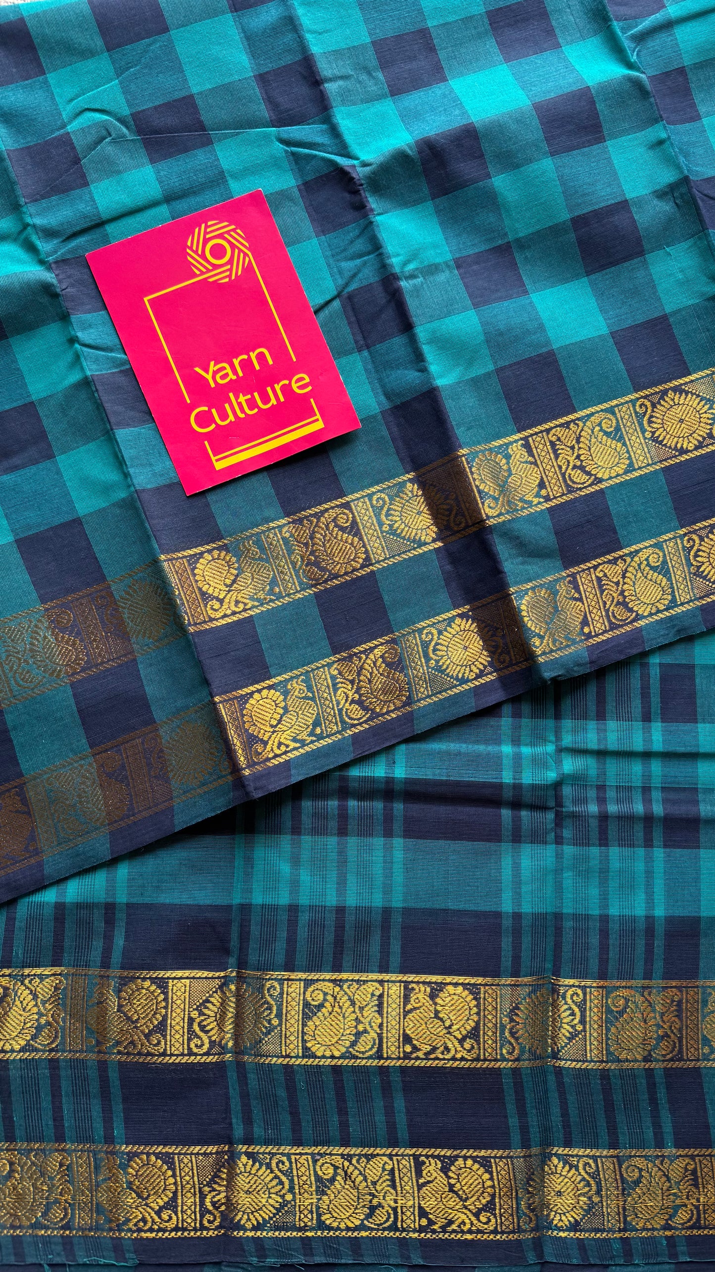 Turquoise and dark blue paalum pazhamum checkered kanchi cotton - YCCOTNKCDE81