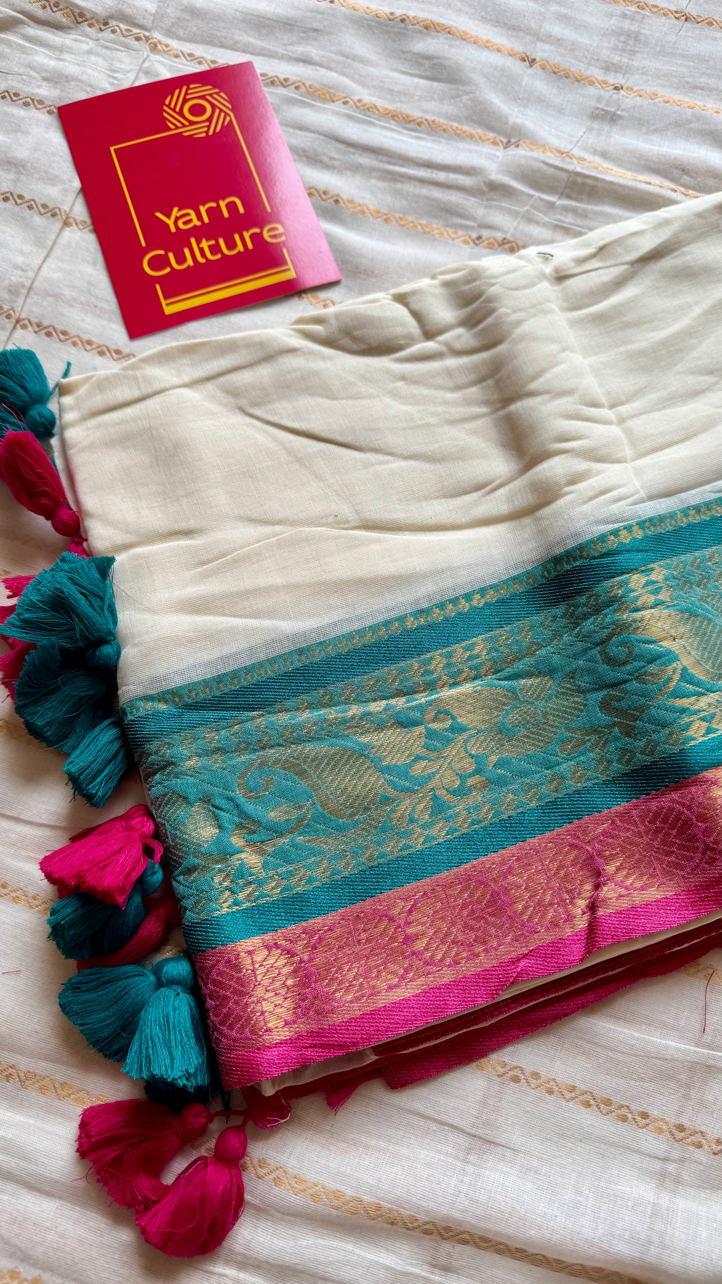 Ivory mul saree, bluish green and hot pink kanchi border - YCIEON11
