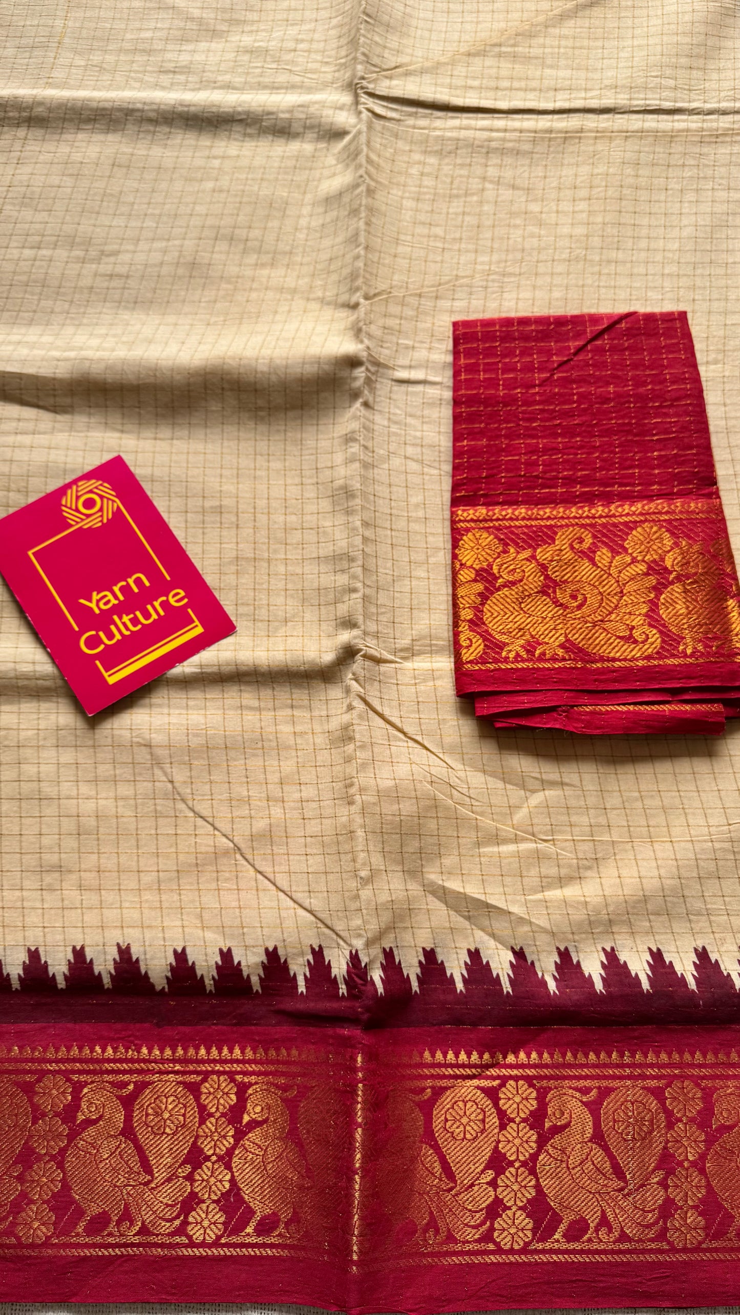 Blue - maroon sungudi cotton checks, sandal colour base, soft cotton - YCCOTNJSUN02