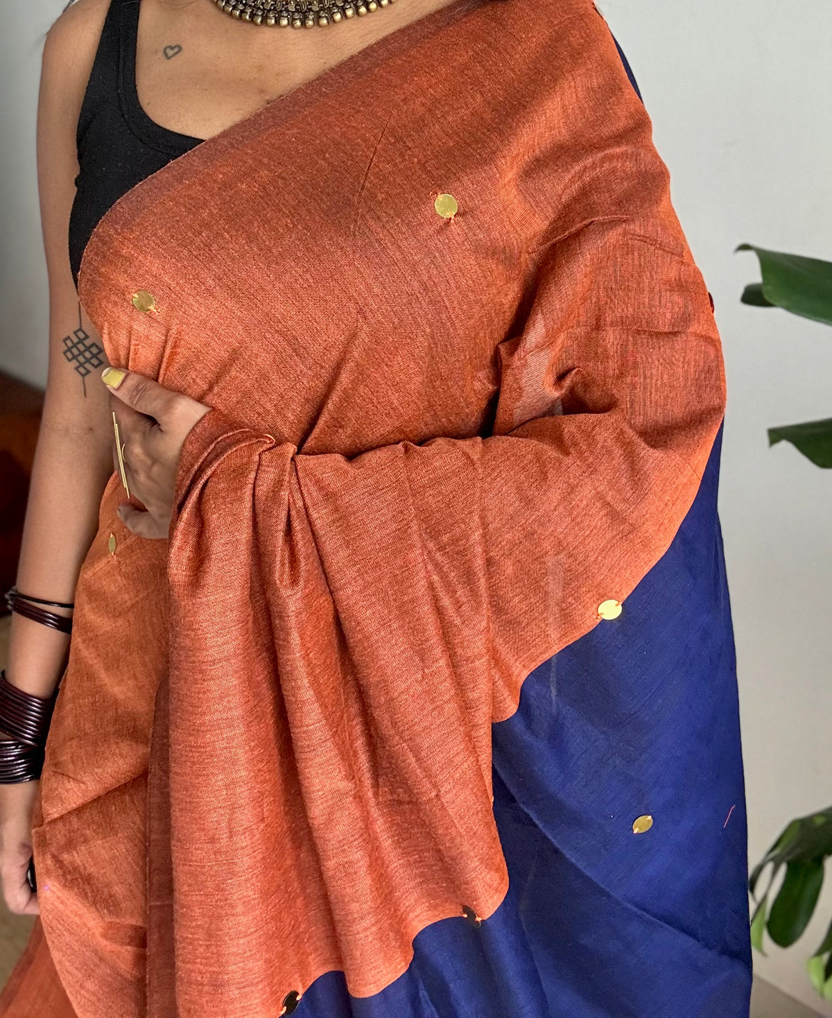 Orange with blue contrast pallu, gini sequins, soft cotton saree - YCBCSCOC08