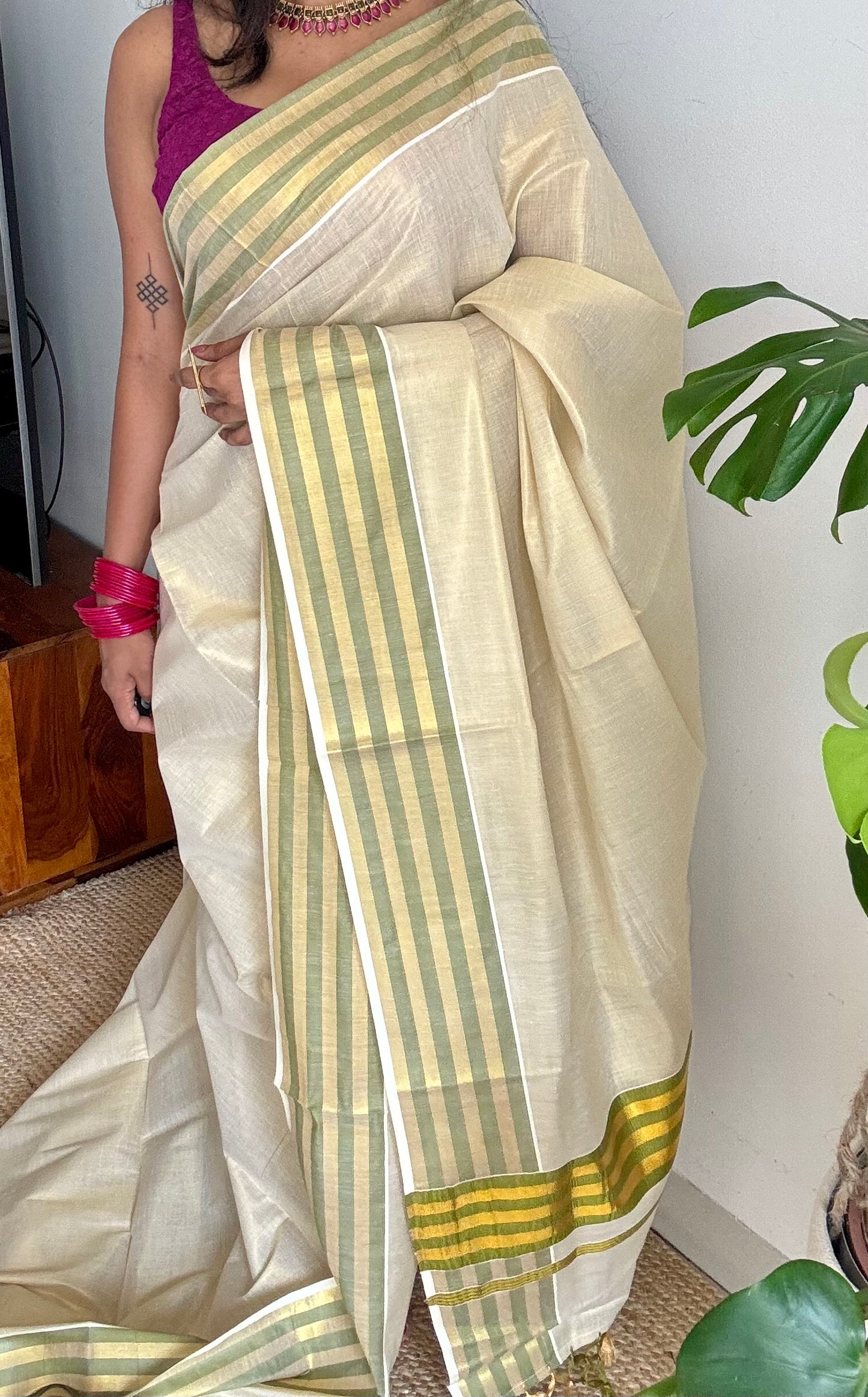 Ivory and gold soft tissue cotton saree, light green border - YCIEON65