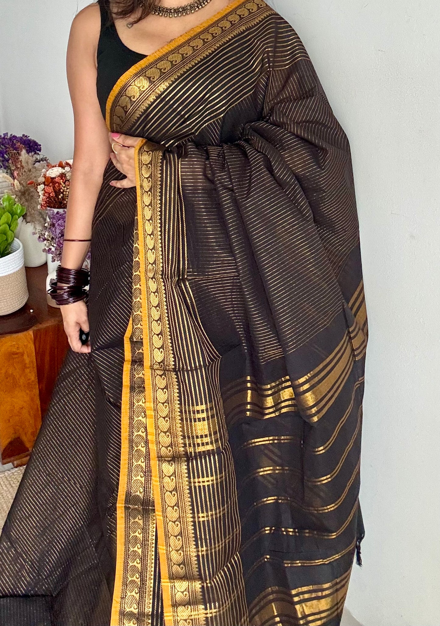 Kanchi cotton saree, black with gold stripes, paisley border - YCCOTNAP92