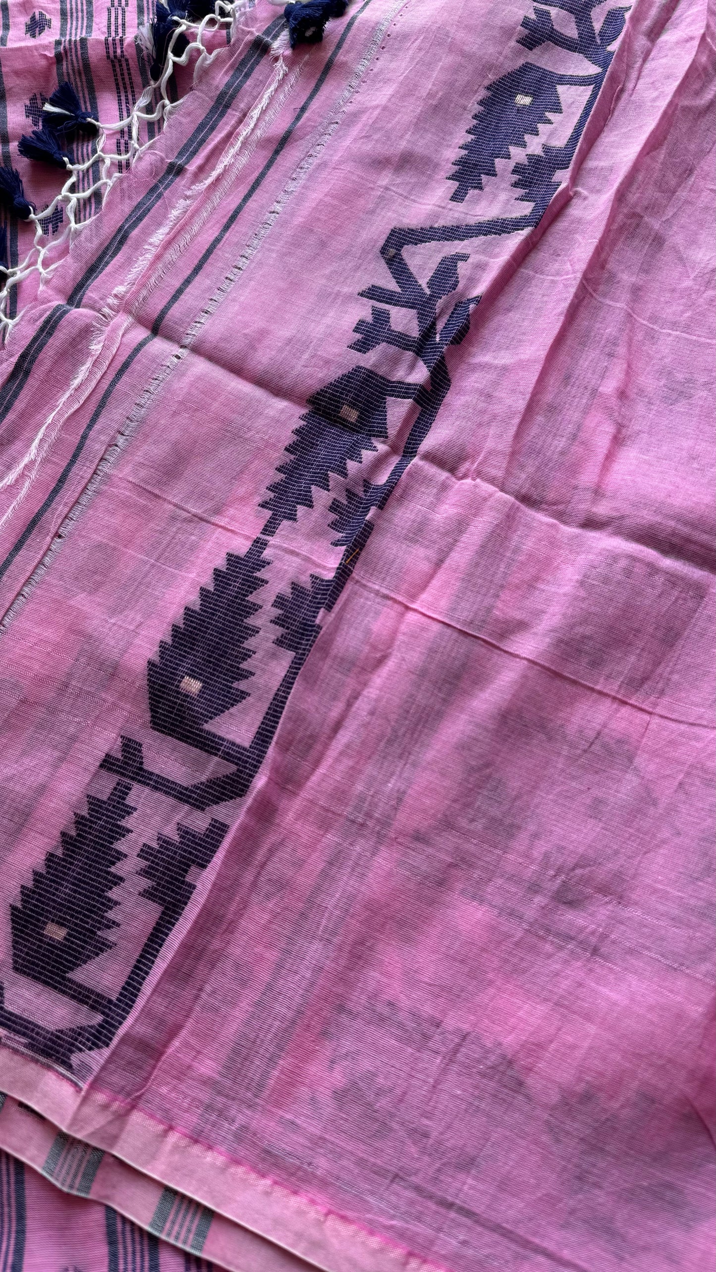 Pink with dark blue contrast jamdani saree in soft handloom cotton - YCBCJDFE379
