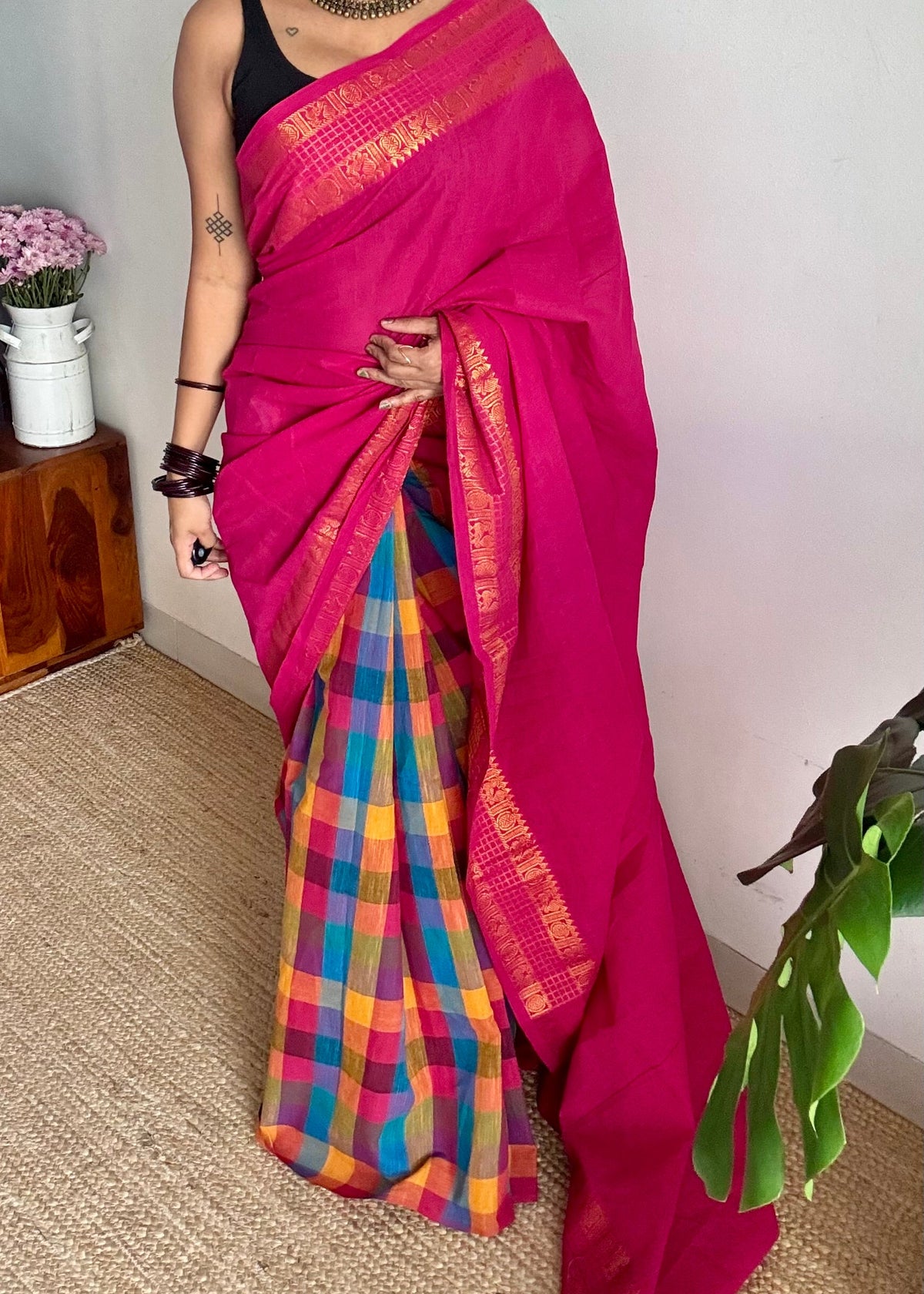 Hot pink with multicoloured madras checks, cotton half and half saree - YCCOTNIDOC163