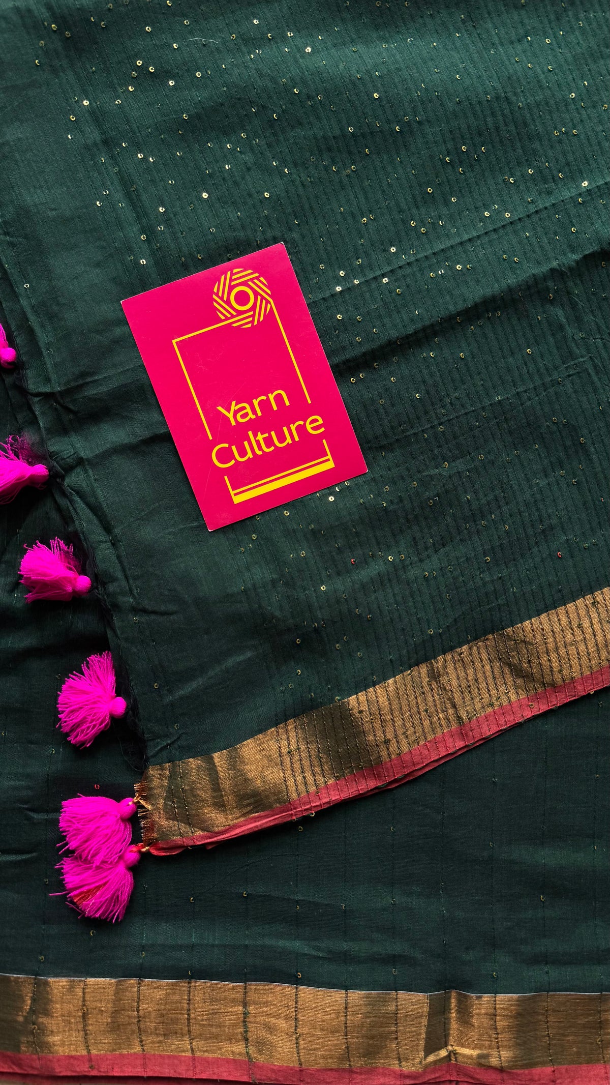 Dark green mul cotton saree with sequins and zari border - YCBCMCSE32