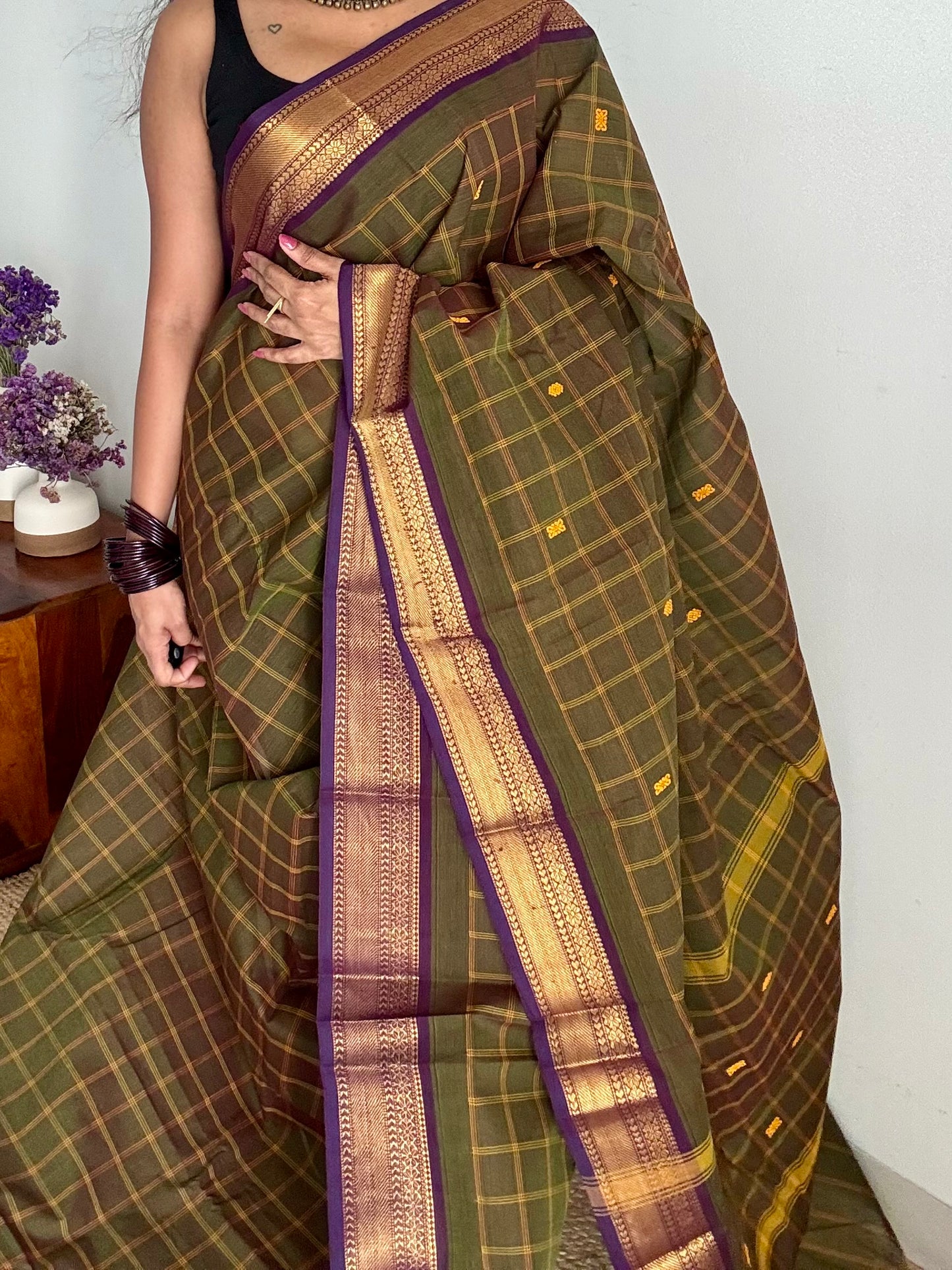 Dark green and purple contrast, checkered Chettinad cotton saree - YCCOTNMA265