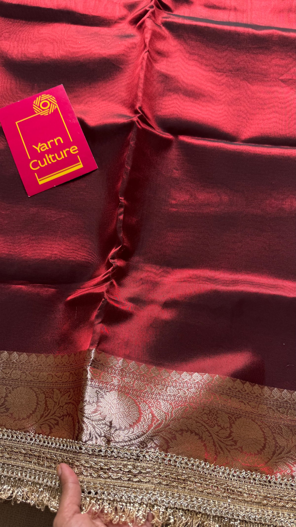 Red tissue Banarasi saree with embellished gold lace border - YCBLTOC79