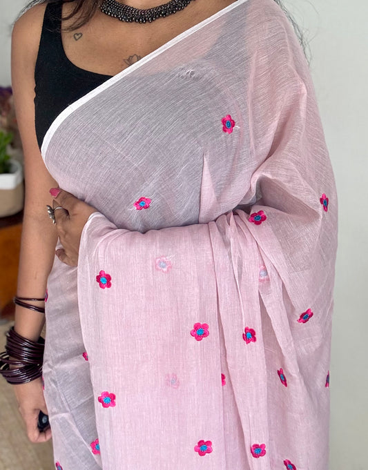 Pink floral embroidered mul cotton saree  - YCBCMCAP45