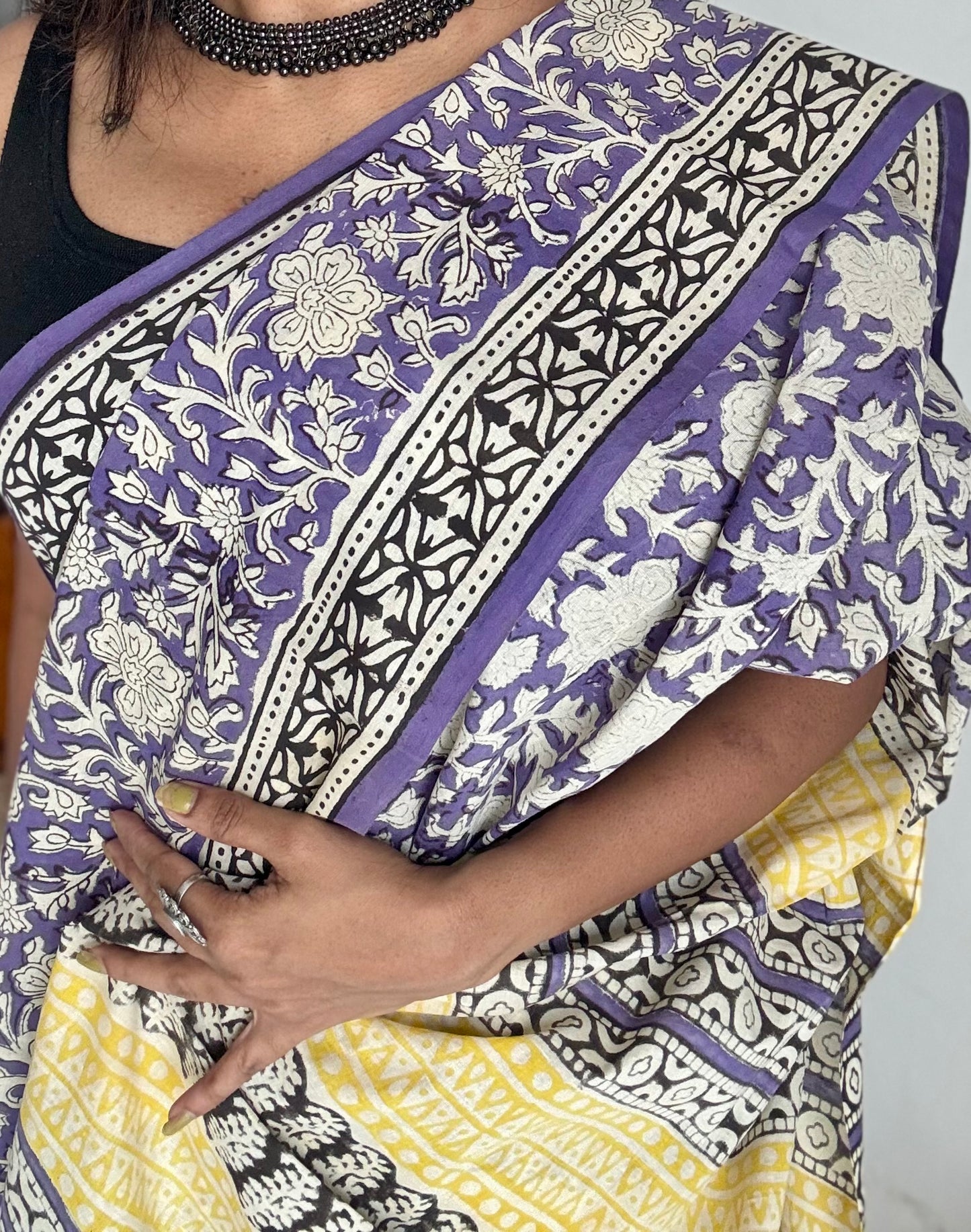 Purple with off white floral motifs, block printed soft cotton saree - YCTORCMA20