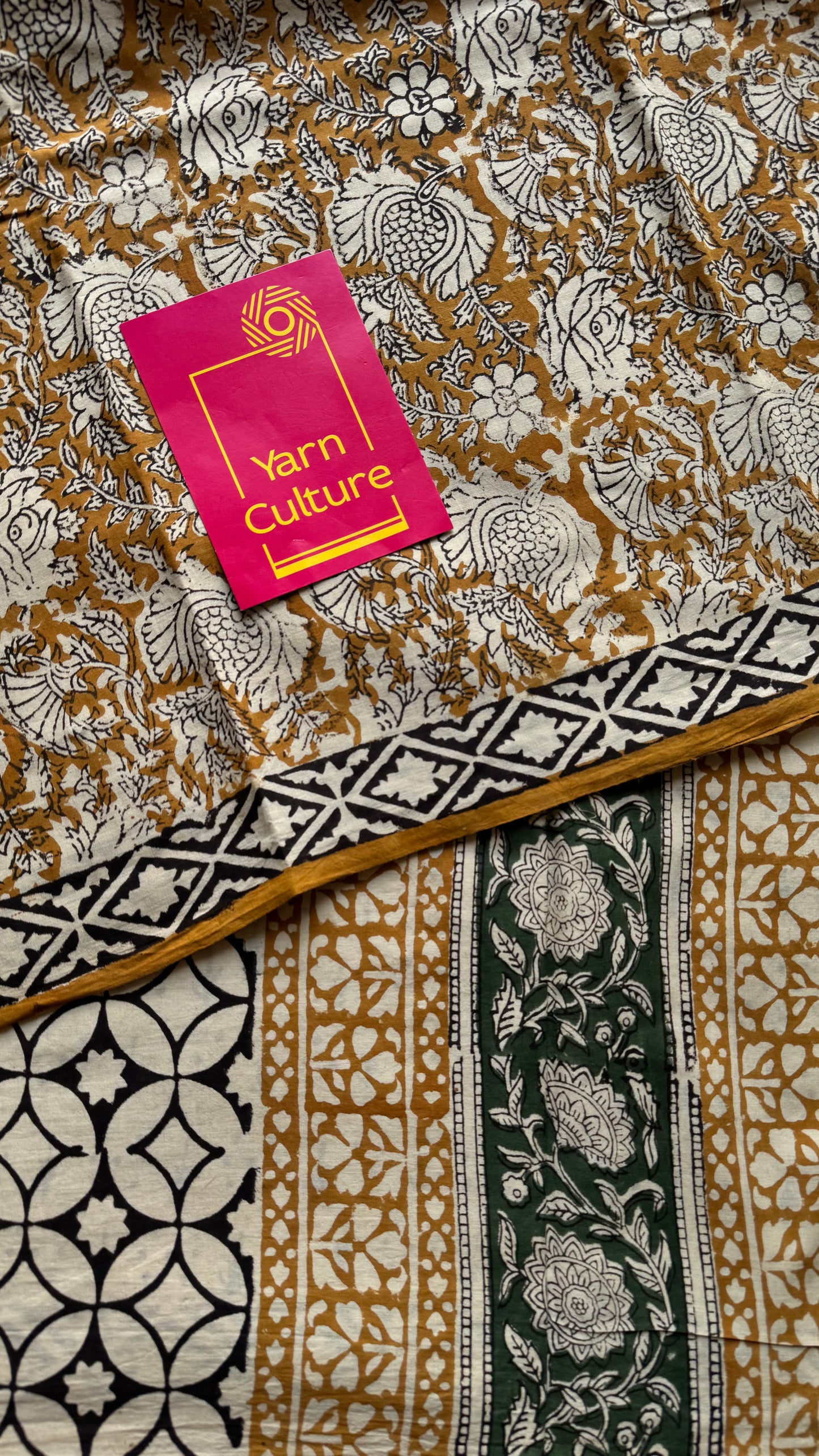Sunehri - earthy mustard with floral vine motifs, block print, soft cotton - YCWOTDNOBP91