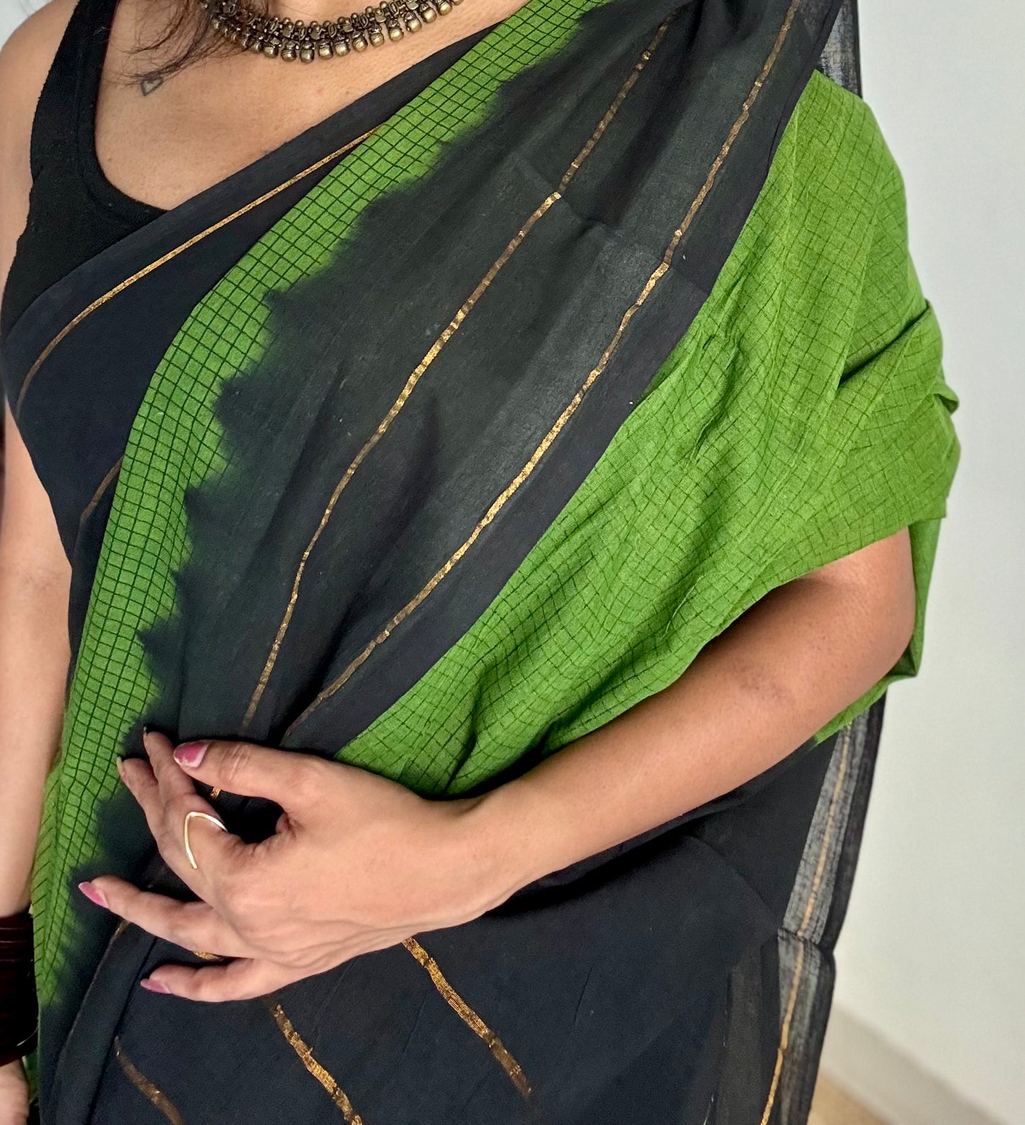 Green with black contrast, checkered kattuchayam dyed madurai cotton saree - YCCOTNMA233