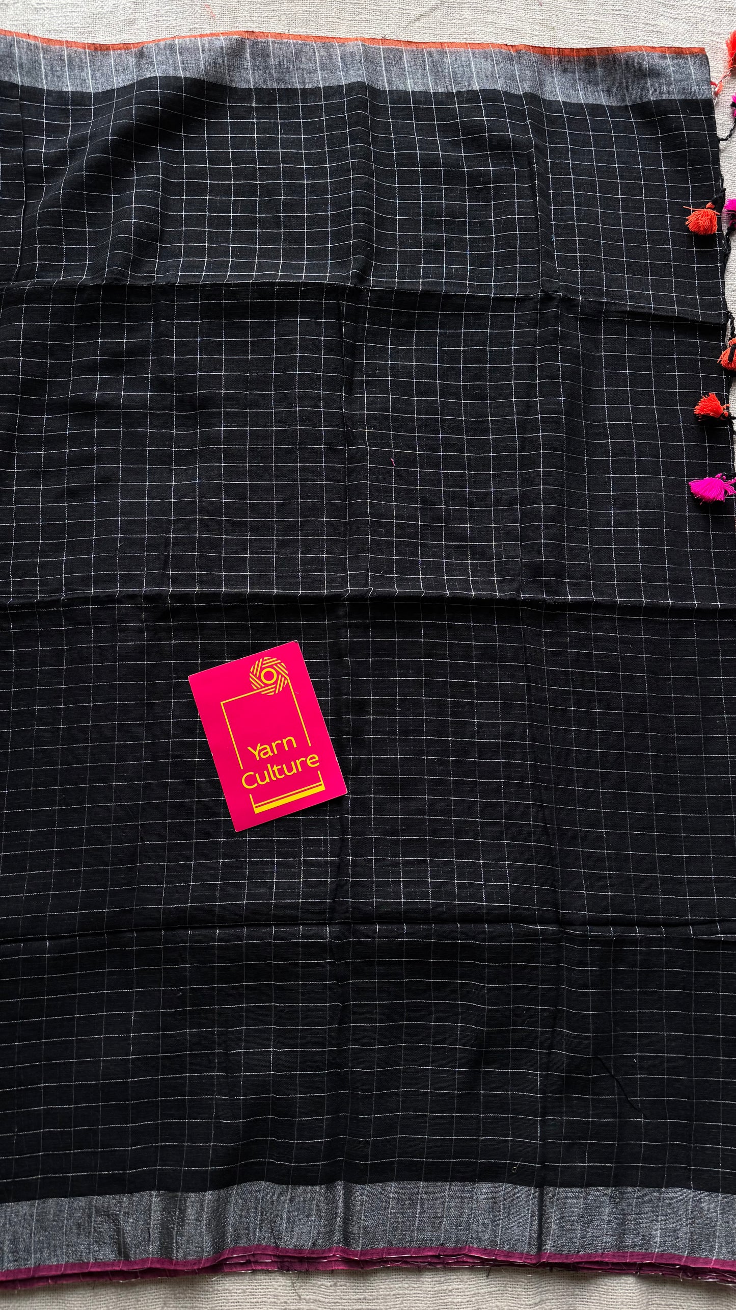 Black linen by cotton saree, silver checks & zari pallu - YCBCLCFE389