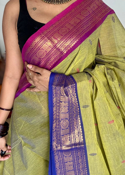 Green with magenta pink and royal blue contrast, kanchi cotton saree - YCCOTNMA326