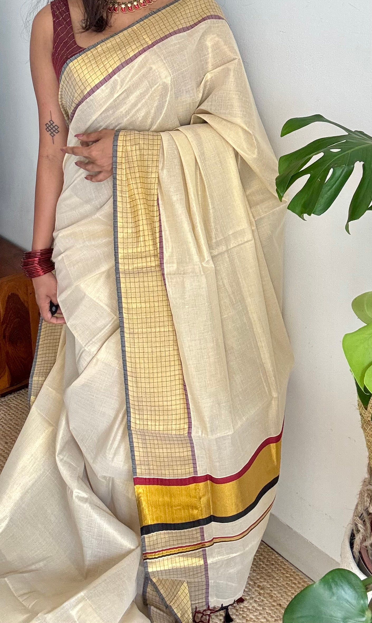 Ivory and gold soft tissue cotton saree, black and red, checkered border - YCIEON78