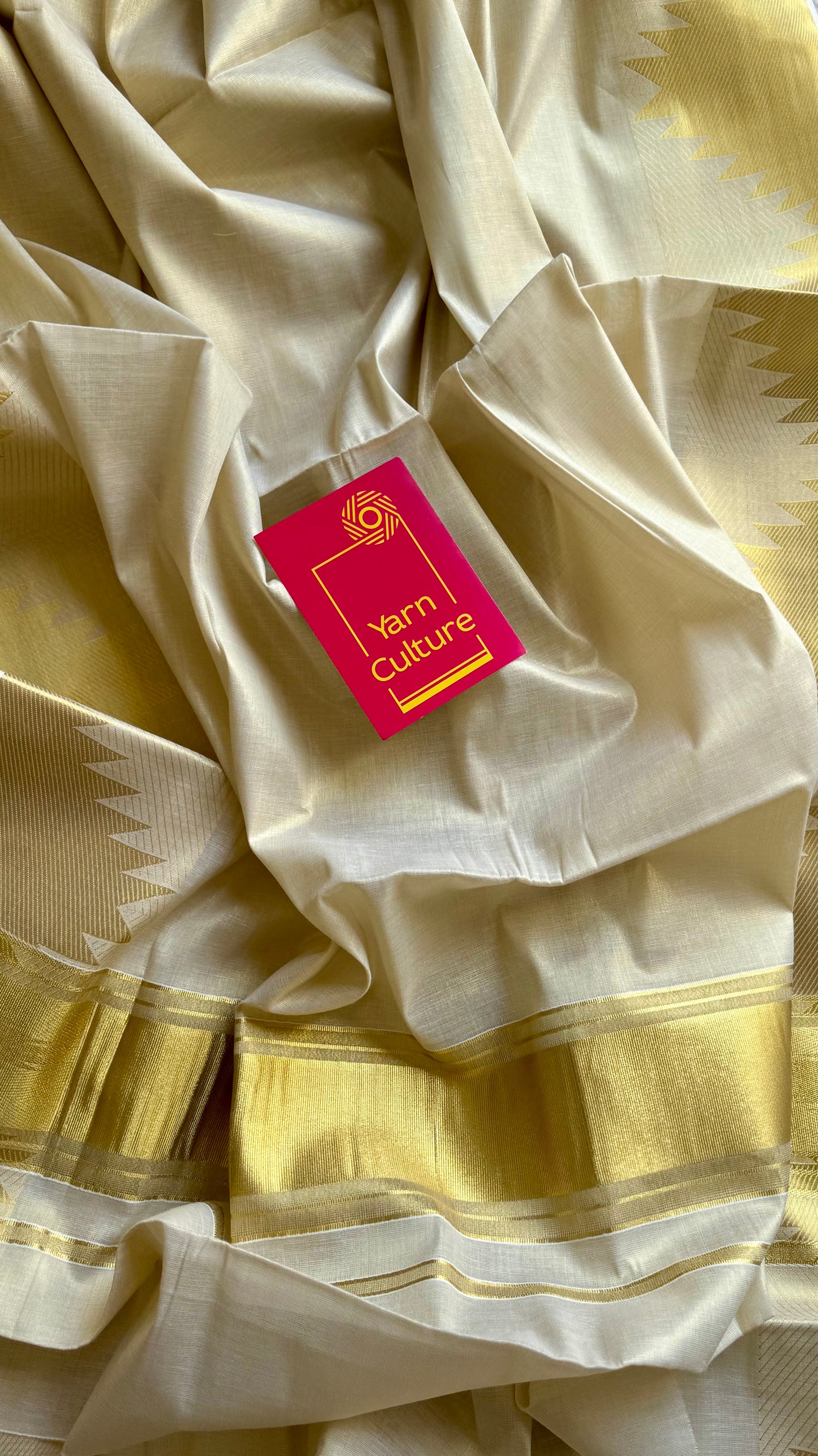 Ivory and gold soft tissue cotton saree, temple motif border - YCIEON81