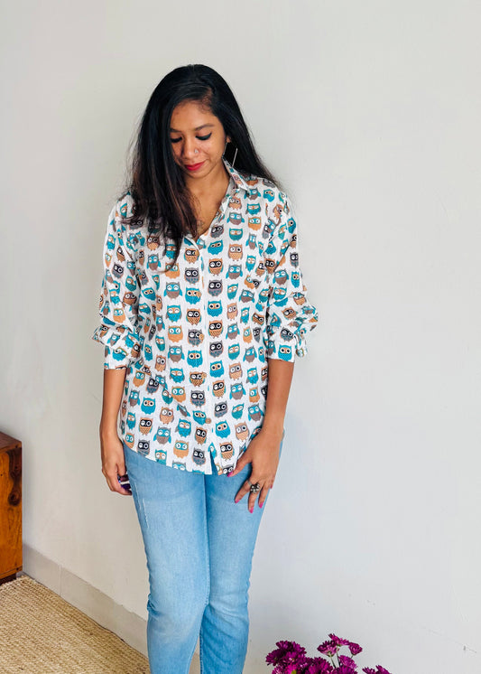 Owl Party - blockprinted cotton stitched shirt, collared neck, full sleeves - YCSEBPSJA210